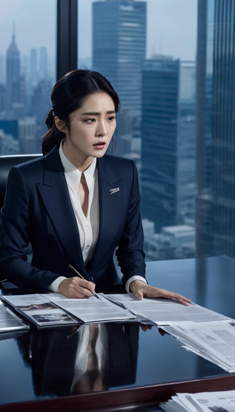 Create an emotional scene depicting the intense climax of "Queen of Tears." Hong Hae-in, a beautiful but haughty woman in an elegant business suit, stands with a mix of sorrow and determination in a lavish, modern corporate office. Facing her is Baek Hyun-woo, a handsome, determined man in his early 30s, wearing a sharp but slightly disheveled suit. The tension is palpable as they confront each other, surrounded by scattered papers and documents on a sleek mahogany desk. The large glass window in the background reveals a bustling city skyline at dusk, highlighting the personal and professional turmoil they navigate.