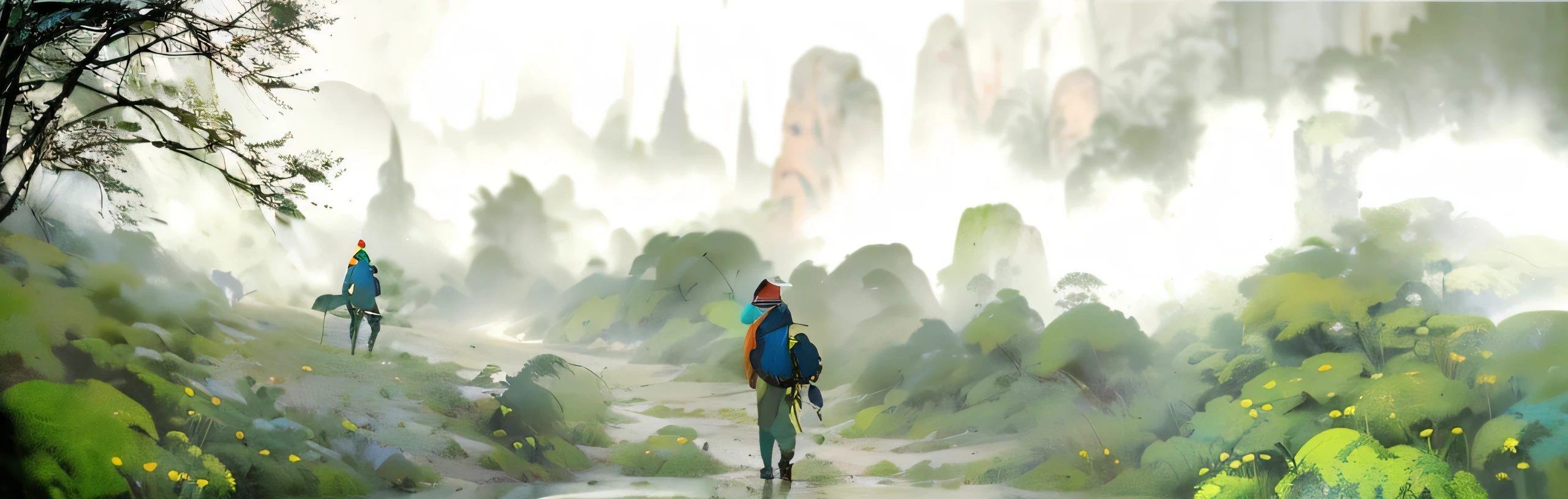 The painting shows a man carrying a parrot on his shoulders,walking through a forest, Concept Art for a video game, Animation stills, painted as a game Concept Art, indie game Concept Art, Animation movie stills, Concept Artwork, indie Concept Art, Keyframe, Animation stills, Concept Art!, An expressive figure, Keyframe illustration, Produced in collaboration with Anime Painter Studio