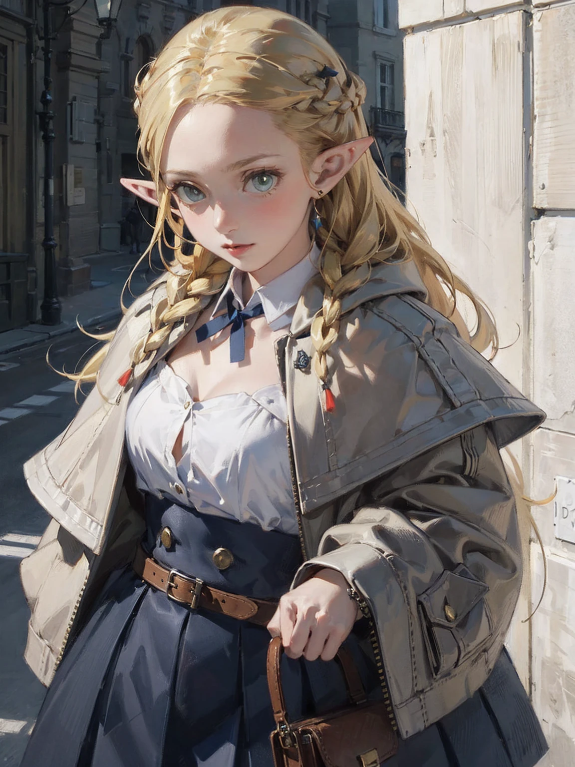 Street fashion woman，(masterpiece, Highest quality) detailed,Silver Accessories , blonde ,Pointy Ears ，
