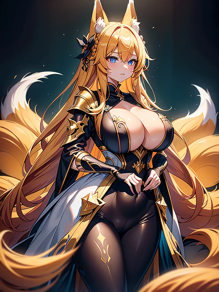 A drawing of a kitsunequeen with long blonde hairs that hide her ears, purpulish blue eyes, french braid, hime cut, animal ears,european face, fox ears,"long orange fox ears with black tips", covering ears, kemonomimi mode,tail emanating(9 tails fox),huge tits, large hips,fully clothed, all skin covered by golden armor, full medival golden armor, beautifull, beautifull hands,textured hands, bioluminescent, draw by WLOP