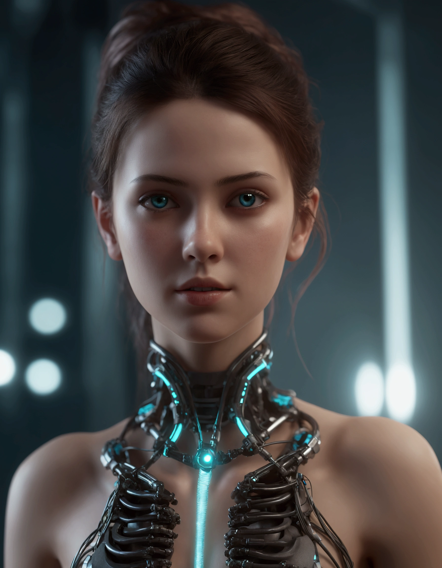 1mechanical girl,((ultra realistic details)), portrait, global illumination, shadows, octane render, 8k, ultra sharp,metal,intricate, ornaments detailed, cold colors, egypician detail, highly intricate details, realistic light, trending on cgsociety, glowing eyes, facing camera, neon details, machanical limbs,blood vessels connected to tubes,mechanical vertebra attaching to back,mechanical cervial attaching to neck,sitting,wires and cables connecting to head