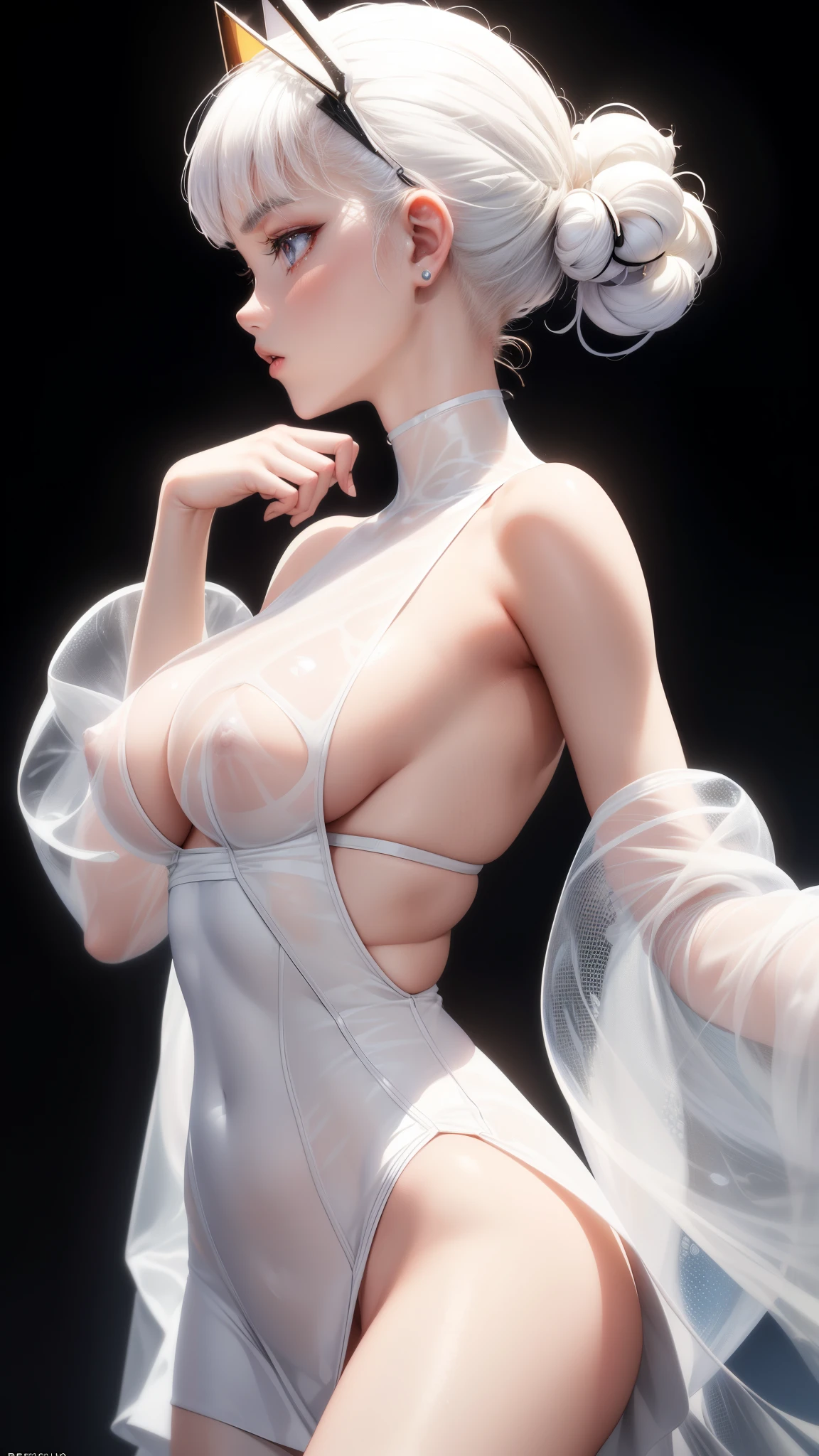 (Explicit Content Warning: NSFW), Highest quality, A perfect masterpiece, Perfect artwork, Official Works, 8k, (Upper body portrait: 1.3), (View from the side: 1.5), Close-up lens, Delicate face, , White Haired Girl, (hakuhatsu: 1.5), Short and medium hair, (White, clear eyes: 1.5), (White Dress: 1.2), (Transparent clothing: 1.2), (Black background: 1.3), The illusion of pearls, cyber punk, Fashion Trends, 3D printed materials (3s