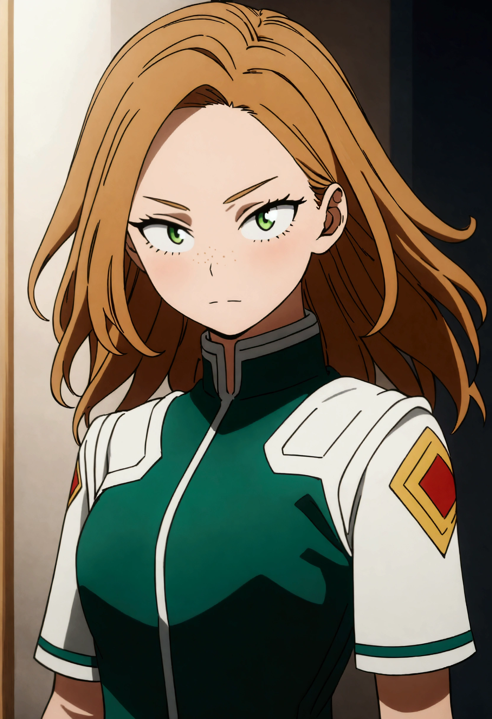 She is a 15 year old teenager, she has slightly disheveled long ginger hair, light brown eyes, with some freckles on the nose area  , fit body , anime art slyle my hero academy , , sexy face , she is dressed in the anime female uniform "my hero academia", , 8k, high quality, masterpiece, , cinematic, vivid colors, shining green eyes