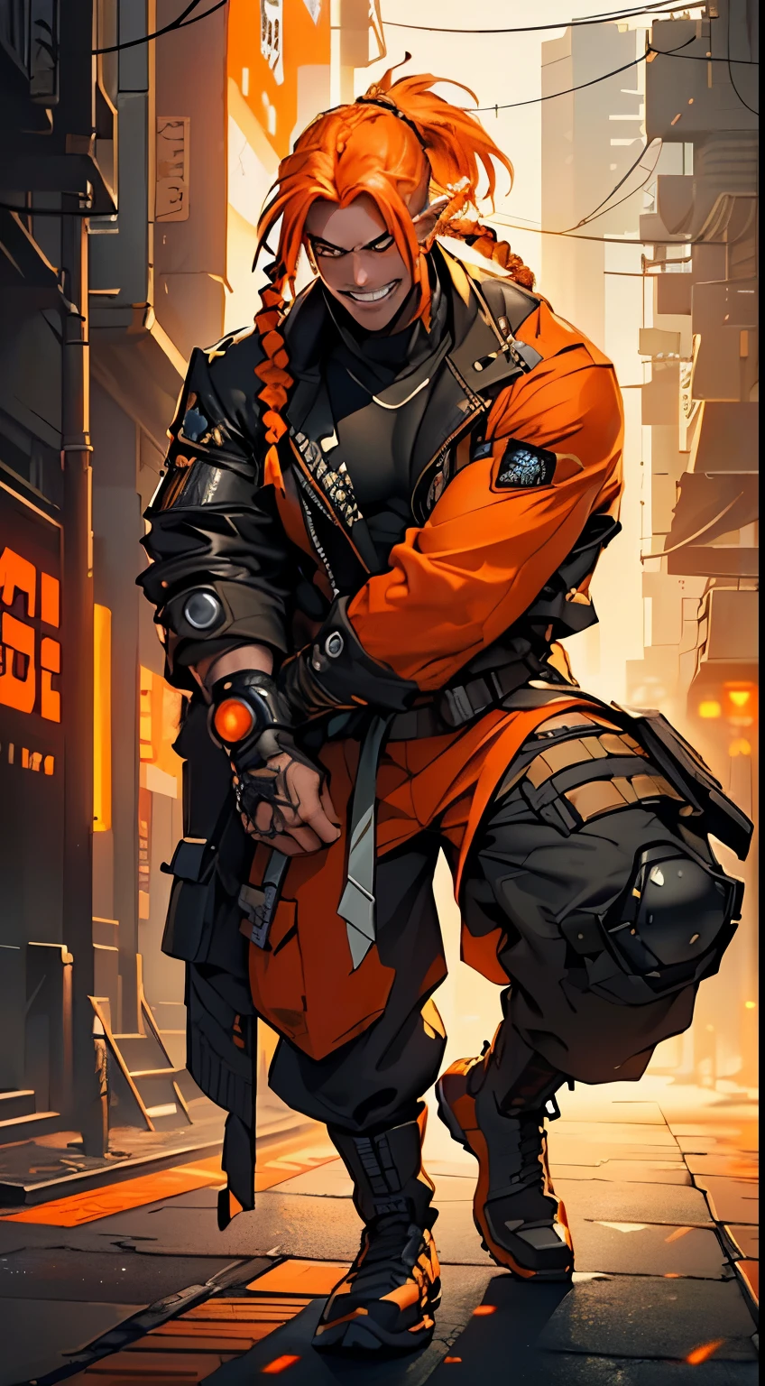 (1 Handsome Man)、(Very huge muscles)、(Unusually large muscles)、(Orange cyberpunk military uniform all over the body:1.3)、(Military equipment:1.2)、(White hair)、(an eye patch:1.0)、(cyberpunk helmet)、(30-years old)、(confident grin:1.2)、(long braided ponytail)、(Top image quality)、(8K picture quality)、(masutepiece)、(Full body photo:1.3)、cinematric light, Cinema Shadow, Sharp Image, Extremely detailed,、beautiful effects, Muted colors, Highly detailed image textures, detailed hairs, Detailed face, Detailed eyes, Full body photo, (orange aura emanating from clothes:1.5)、Highly detailed image textures, detailed hairs, Detailed eyes, pointy ears.