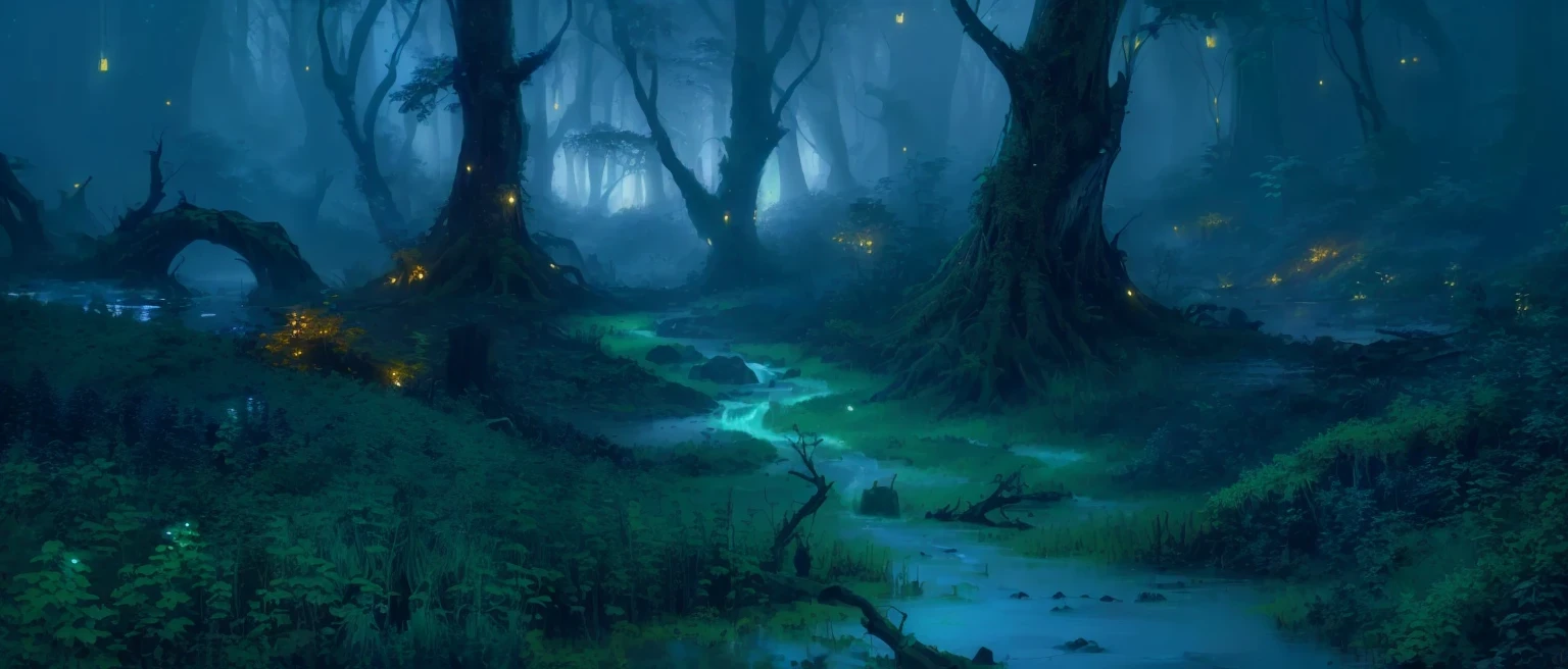 There is a stream flowing through a forest full of trees., background technologywork, Moonlight Forest Environment, Elf forest background, firefly forest at night, dark swamp, Swamp Forest, Fantasy forest environment, Swamp atmosphere, Dark Forest concept art, Quiet forest night scene, background technology, The Jungle BookLandscape, Night Forest, The Jungle Book, The background is the Enchanted Forest