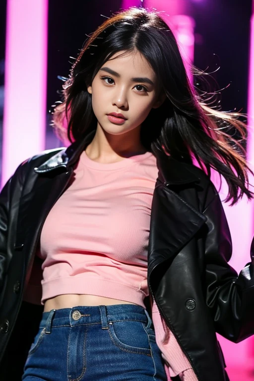 Masterpiece, best quality, 1 girl, upper body, Jiro, Detailed eyes, pink shirt, black jacket, Torn clothes, concert, (stage)