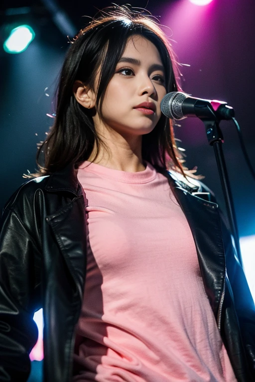 Masterpiece, best quality, 1 girl, upper body, Jiro, Detailed eyes, pink shirt, black jacket, Torn clothes, concert, (stage)