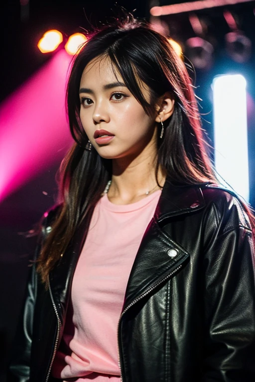 Masterpiece, best quality, 1 girl, upper body, Jiro, Detailed eyes, pink shirt, black jacket, Torn clothes, concert, (stage)