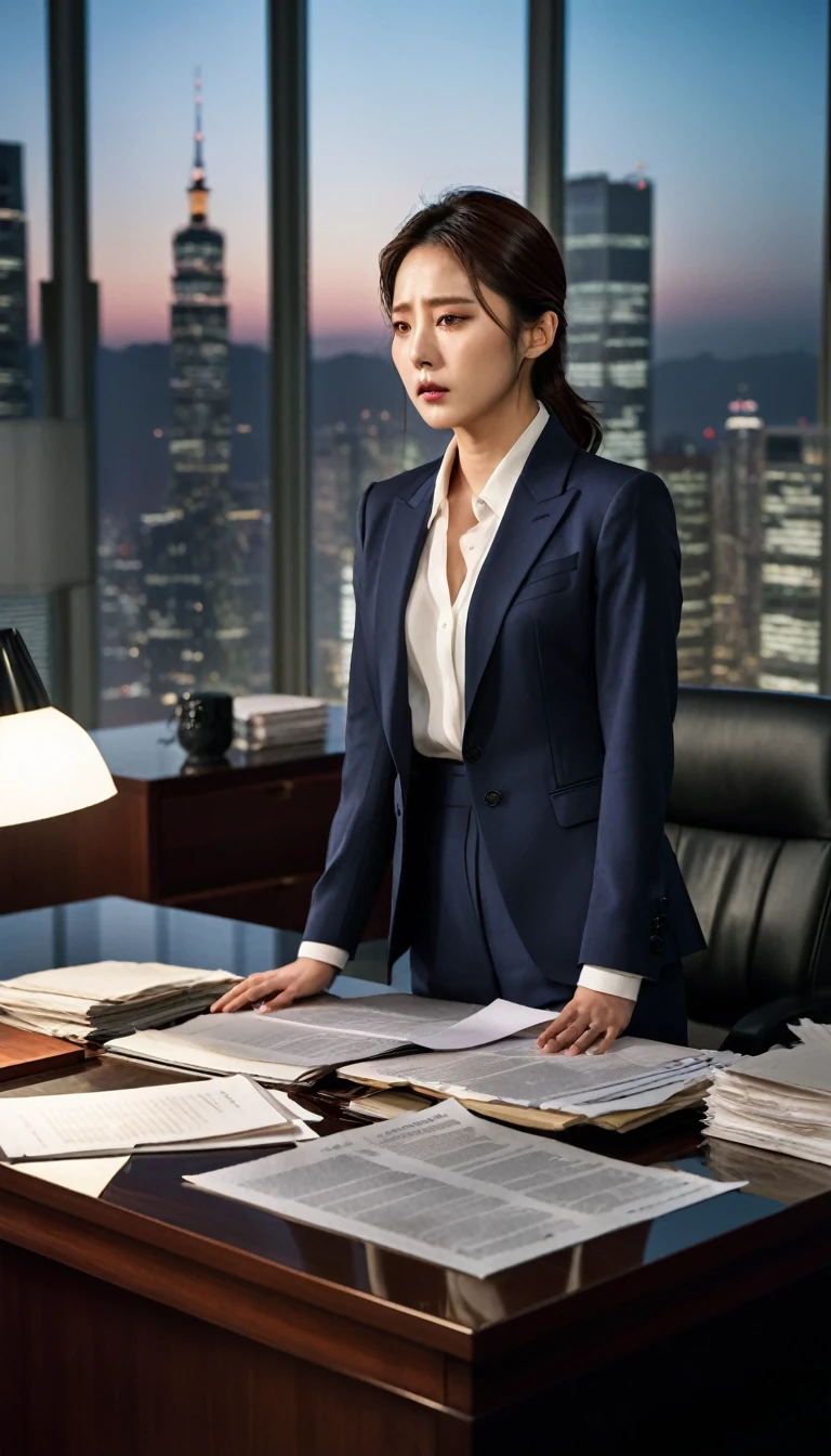 Create an emotional scene depicting the intense climax of "Queen of Tears." Hong Hae-in, a beautiful but haughty woman in an elegant business suit, stands with a mix of sorrow and determination in a lavish, modern corporate office. Facing her is Baek Hyun-woo, a handsome, determined man in his early 30s, wearing a sharp but slightly disheveled suit. The tension is palpable as they confront each other, surrounded by scattered papers and documents on a sleek mahogany desk. The large glass window in the background reveals a bustling city skyline at dusk, highlighting the personal and professional turmoil they navigate.