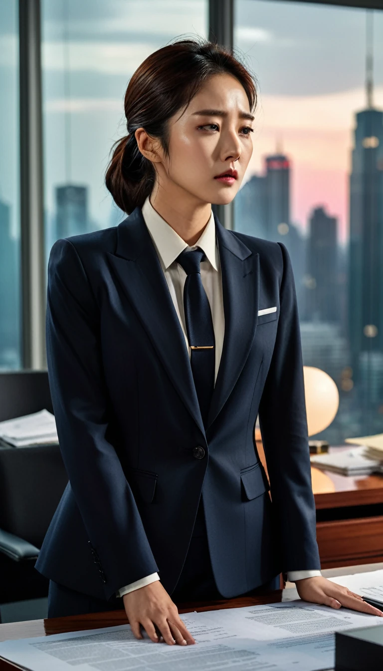 Create an emotional scene depicting the intense climax of "Queen of Tears." Hong Hae-in, a beautiful but haughty woman in an elegant business suit, stands with a mix of sorrow and determination in a lavish, modern corporate office. Facing her is Baek Hyun-woo, a handsome, determined man in his early 30s, wearing a sharp but slightly disheveled suit. The tension is palpable as they confront each other, surrounded by scattered papers and documents on a sleek mahogany desk. The large glass window in the background reveals a bustling city skyline at dusk, highlighting the personal and professional turmoil they navigate.