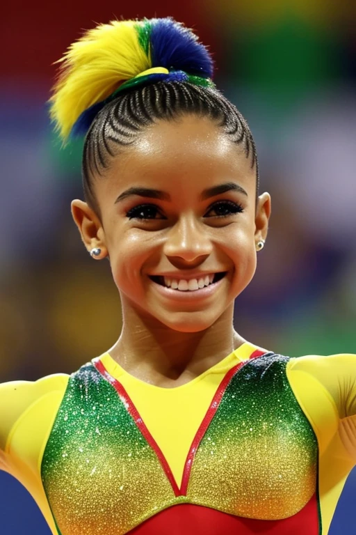 a Brazilian gymnast wearing a glittery leotard with the colors of the Brazilian flag, beautiful, well made-up with the colors of the Brazilian flag, perfect face, charming smile, dark brown eyes, bright and shiny, brown hair tied in a coqui, presenting herself smiling in the background of a crowded stadium