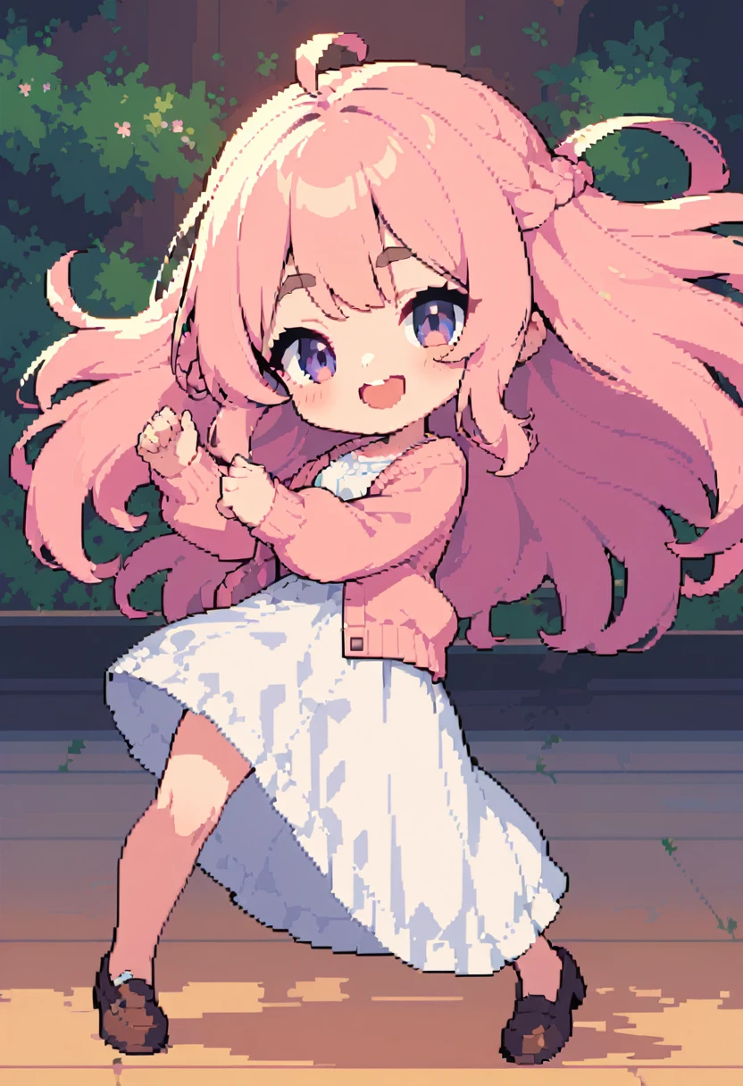 masterpiece, Highest quality, 8k, Pixel art, Pixel art, Vivid, woman, 若いwoman, smile, cute, Directed at an angle, Open your mouth, Fluffy hair, Long Hair, sheepの毛のような髪, Pink Hair, eyebrow, 太いeyebrow, one piece, Pink clothes, Long skirt, Spread your wings, cardigan, 水色のcardigan, shoes, 茶色いshoes, grassland, ((sheep, もこもこのsheep, 大きいsheep, sheepの背に女の子が乗っている)), sheepの群れ