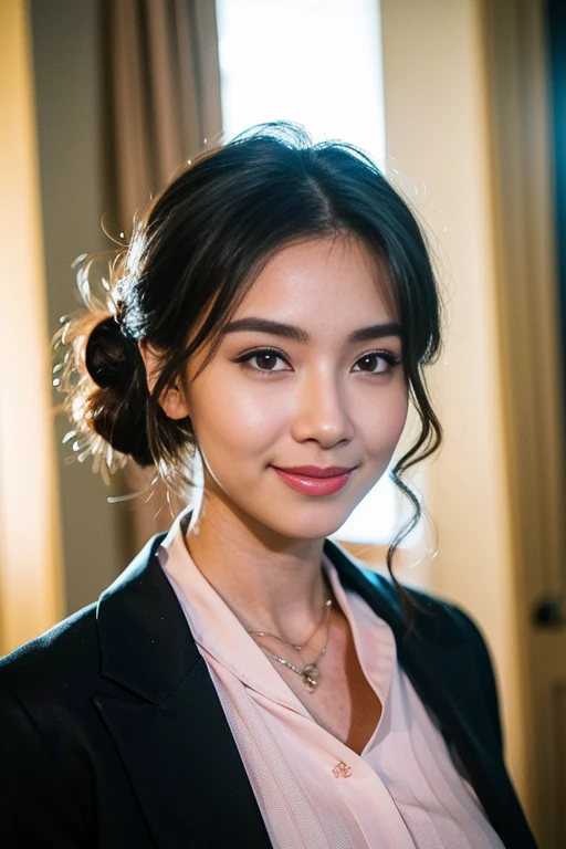 piercing hair, Curtain hair, hair bun, Big Hair, medium hair, hair bow, heart shaped student, Raise your eyebrows., smile, wrinkled lips, Surrealism, Renaissance, anime, anime style, movie light, depth of field, god rays, shadow, Fuji Color, first person view, throw, wide angle, anime style, Surrealism, UHD, retina, Masterpiece, correct, textured skin, Highly detailed, height, 16ก