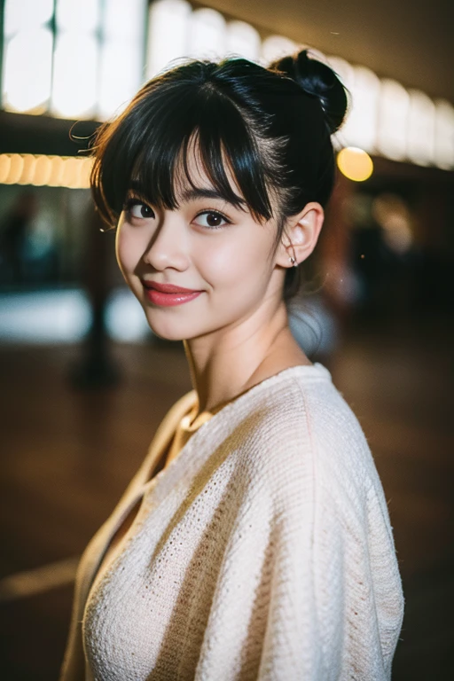 piercing hair, Curtain hair, hair bun, Big Hair, medium hair, hair bow, heart shaped student, Raise your eyebrows., smile, wrinkled lips, Surrealism, Renaissance, anime, anime style, movie light, depth of field, god rays, shadow, Fuji Color, first person view, throw, wide angle, anime style, Surrealism, UHD, retina, Masterpiece, correct, textured skin, Highly detailed, height, 16ก
