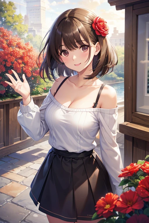 anegasaki nene、Shiny brown hair, short hair, (Beautiful brown eyes、Sparkling eyes, Fine grain)、smile、Ultra-detailed eyes、Highly detailed face, Highly detailed eyes,


(((masterpiece, Highest quality, High resolution, 超High resolution, Pixel perfect, Written boundary depth, 4K, RTTX10.0))),

short hair, tooth, Hair Flower, Red flower, clavicle, Cleavage, Sweater dress, Long sleeve, Sleeves are longer than the wrist, Cowboy Shot, smile, Are standing, wave hands, Outdoor