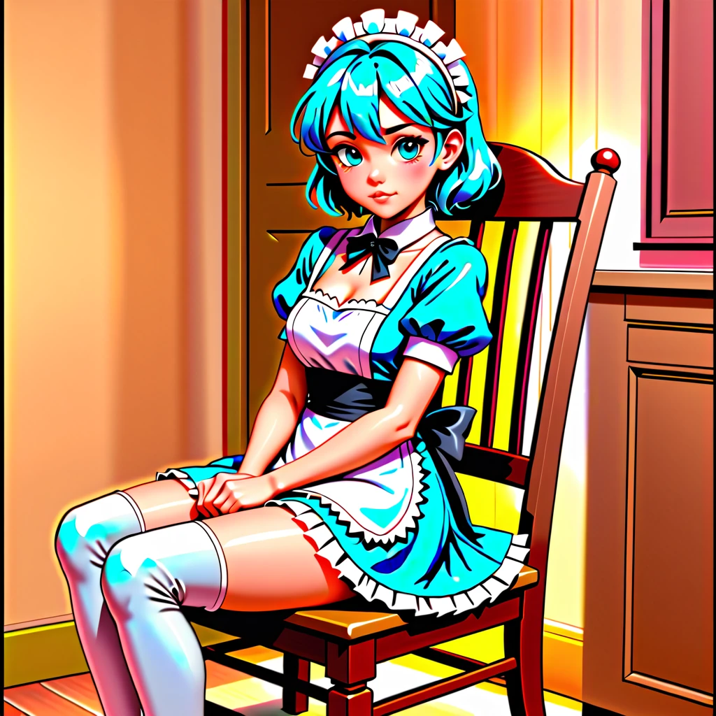 anime coloring, 1girl, maid dress, sitting on chair, in room,