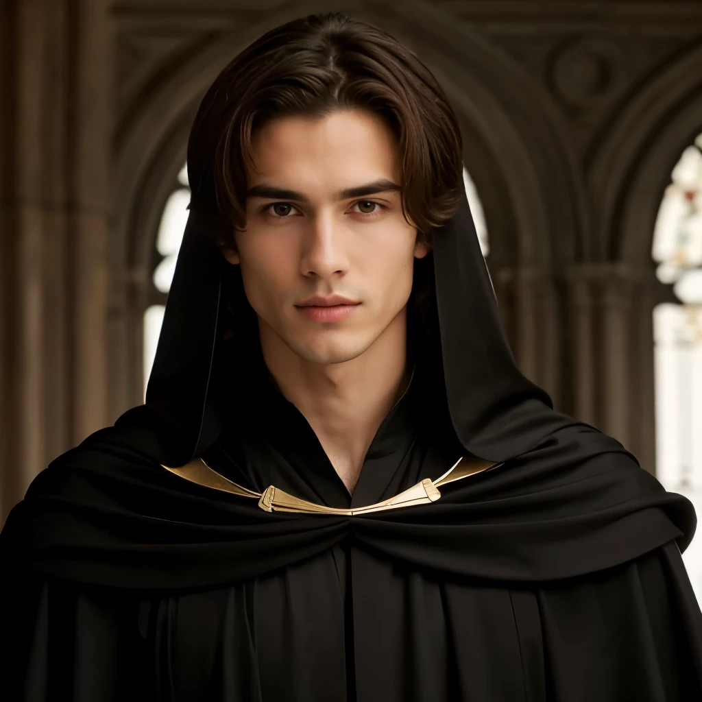((best quality)), ((masterpiece)), (detailed)), 1boy, shoulder-length brown hair, shaggy hair, fair skin, brown eyes. An upturned nose. An angular jawline. He wears a black cloak. His black sleeves contain dark gray cuffs. Underneath his black cloak is a white robe. He has clear skin. He has thin arched and dark eyebrows. He is very handsome. He is looking at the camera and has a stern expression on his face. Mean expression. Stern. Strict. Assertive. Handsome. Clothes. Clear skin. Handsome. Youthful. He has fair, white skin. Fantasy. A black cloak. White robe. Clear skin. Arched eyebrows. Extremely handsome. Shaggy brown hair. No hood. White skin, brown hair, brown eyes.