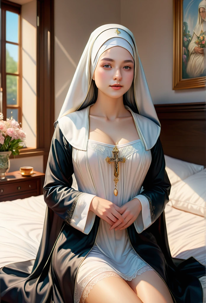 1girl, nun, dark robes, holy naughty underwear, serene expression, Bedroom, soft sunlight, quiet atmosphere, sacred surroundings, (best quality, 4K, 8k, highres, masterpiece:1.2), ultra-detailed, painting-like, soft pastel colors, gentle lighting, aesthetic、Married Woman