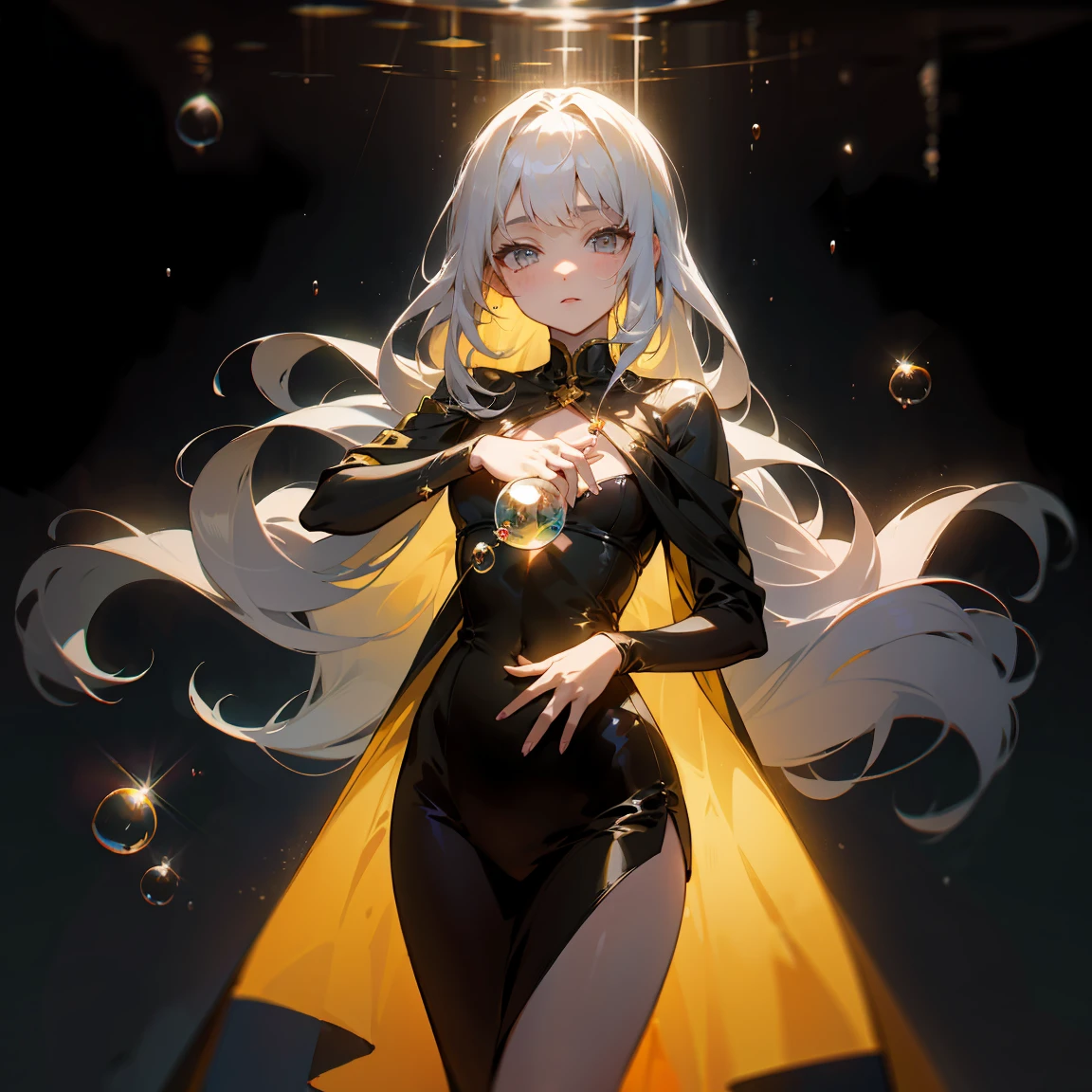 1 adult, masterpiece, best quality, woman, look at the viewer, ((she touching a bubble)), in the universe, with a black dress, golden details, ((looking pretty)), ((very confident)), white hair, silver eyes, long straight hair, many bubbles around, beautiful body, self-confident, powerful, epic, bubbles falling, conceptual art, goddess, divine light from heaven