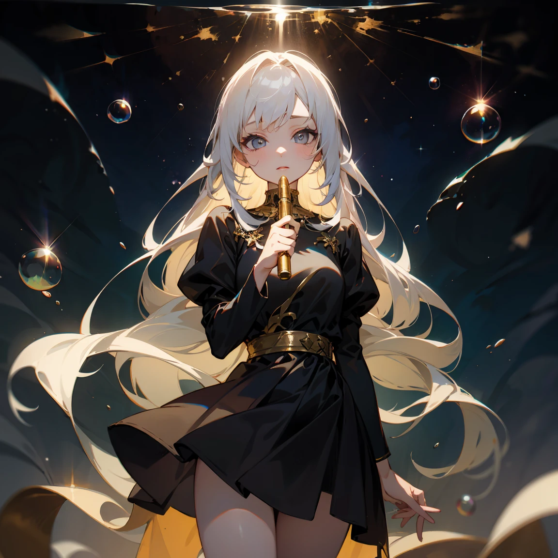 1 adult, masterpiece, best quality, woman, look at the viewer, ((she touching a bubble)), in the universe, with a black dress, golden details, ((looking pretty)), ((very confident)), white hair, silver eyes, long straight hair, many bubbles around, beautiful body, self-confident, powerful, epic, bubbles falling, conceptual art, goddess, divine light from heaven