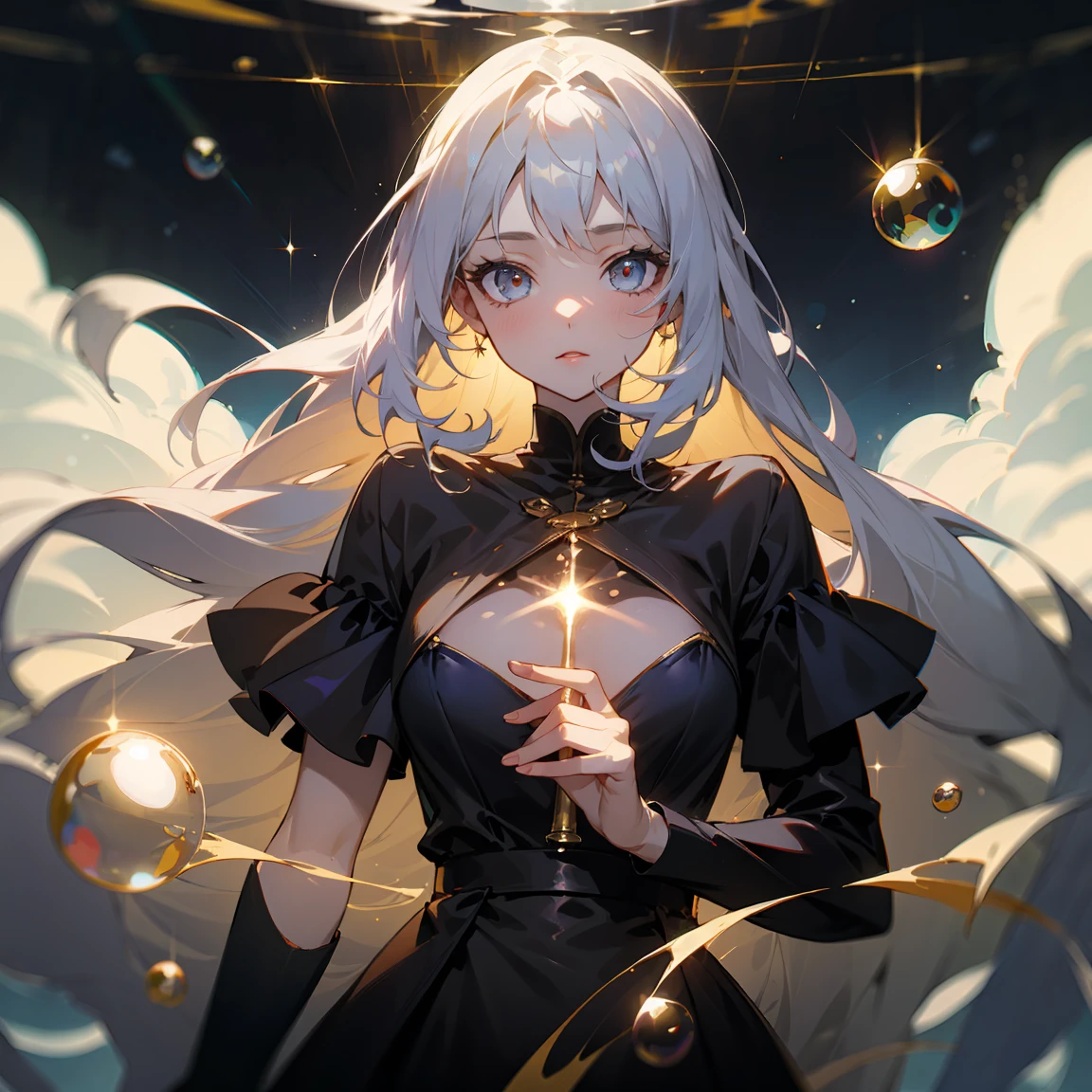 1 adult, masterpiece, best quality, woman, look at the viewer, ((she touching a bubble)), in the universe, with a black dress, golden details, ((looking pretty)), ((very confident)), white hair, silver eyes, long straight hair, many bubbles around, beautiful body, self-confident, powerful, epic, bubbles falling, conceptual art, goddess, divine light from heaven