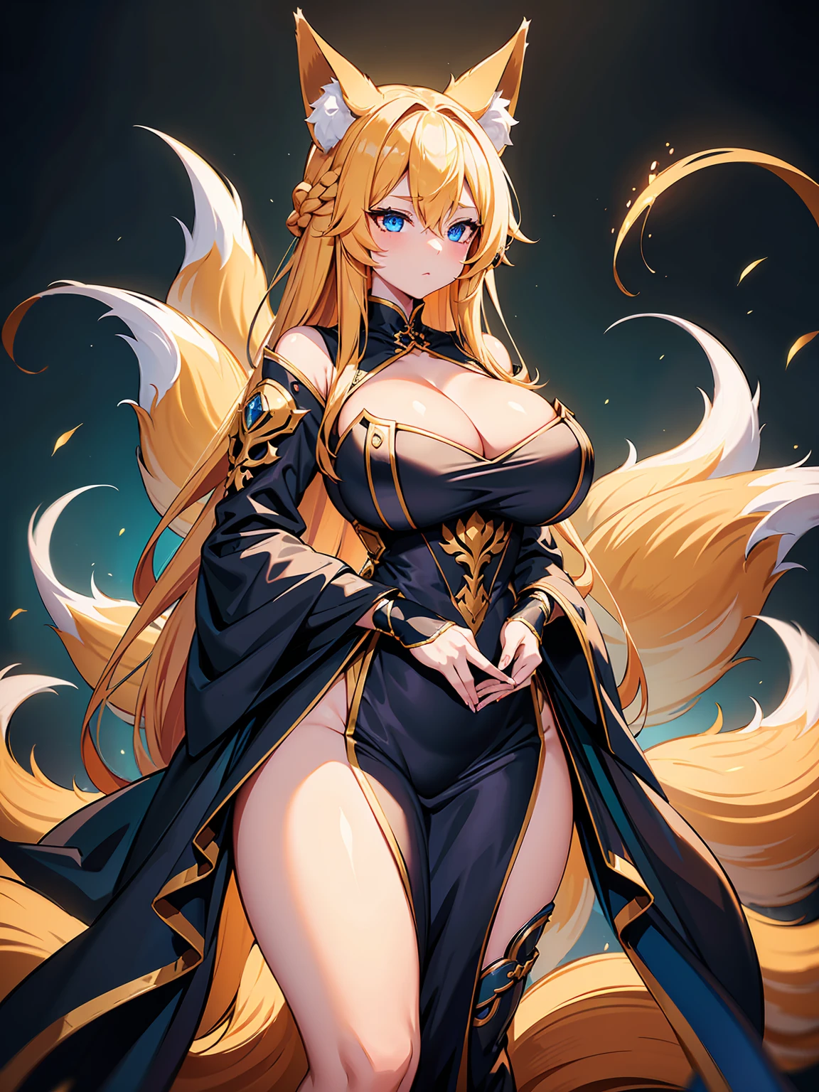 A drawing of a kitsunequeen with long blonde hairs that hide her ears, purpulish blue eyes, french braid, hime cut, animal ears,european face, fox ears,"long orange fox ears with black tips", covering ears, kemonomimi mode,tail emanating(9 tails fox),huge tits, large hips,fully clothed, all skin covered by golden armor, full medival golden armor, beautifull, beautifull hands,textured hands, bioluminescent, draw by WLOP