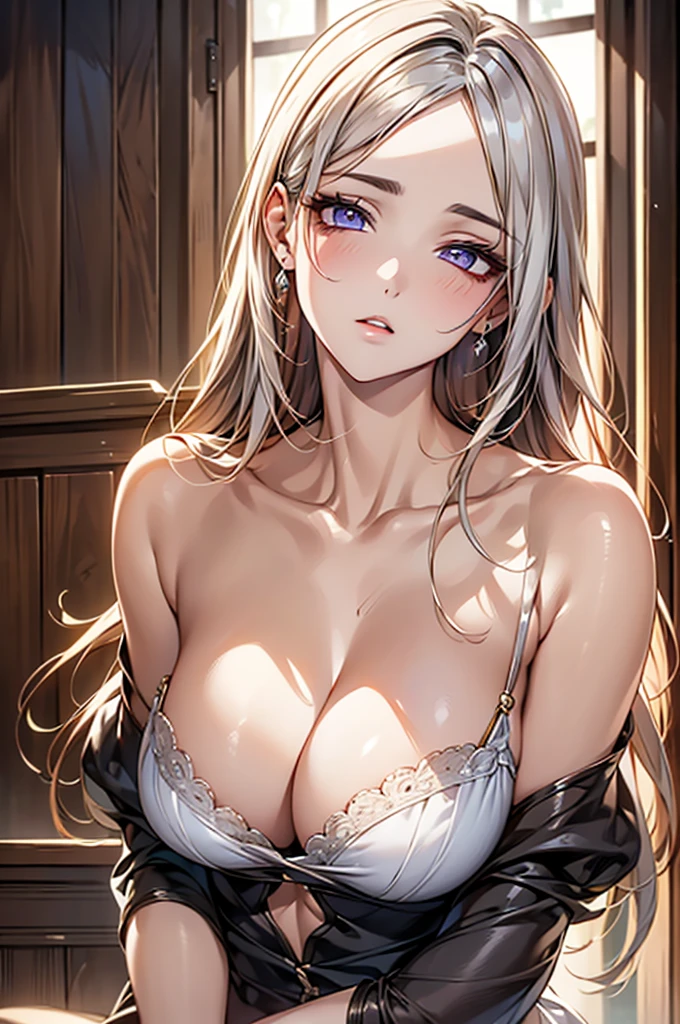 Masterpiece,Highest quality,8k,Ultra-high resolution,appropriate margins,lighting,Photograph the whole body,BREAK,1 person,Very beautiful adult woman,Slim body,Very ample large breasts,Big cleavage,Moisturized Skin,BREAK,(White Hair),Forehead,mascara,Red eyeliner,Light pink lip,Thin teak,Thin eyebrows,BREAK,Light purple eyes,BREAK,Cute expression,BREAK,Long Hair,Unshaven,BREAK,(Classic maid outfit),BREAK,Eye contact,Close one eye,(Kissing Face)