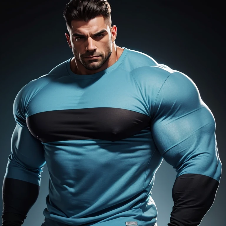 a very handsome, massively muscular man with massively large muscles, with massively large biceps, wearing a simple light blue sweatshirt with long sleeves, on a black background