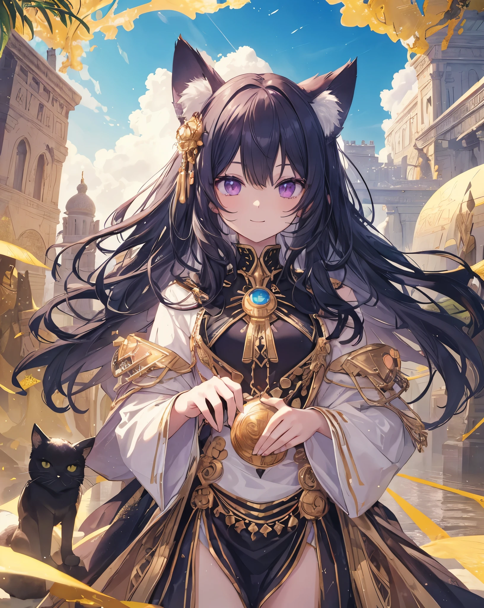 Masterpiece, best quality, ultra detailed, HDR, 8k, anime coloring book. A sphinx-inspired girl with long black hair, neko ears, cat tail, purple eyes, detailed eyes. She is like a god. Made up like an ancient Egyptian. purple reflexes. She is smiling a bit. blue sky with little white clouds, sun on the horizon, and a glorious ancient Egypt skyline. Sunflare. King pose.Fantastic and beautiful light creates a mysterious atmosphere. Blue sky, some white clouds, Heaven, cliff, mirage, meteorite, moon, and gold accessories enhance the scene. She is the Pharaoh, set in the era of prosperity and wealth along the Nile River with green plantations. Incredible Egyptian epoch scenery. Wear a gold tiara. Cool cute Portrait zoomed. Stunning quality. She is holding a cute black cat 🐈⬛