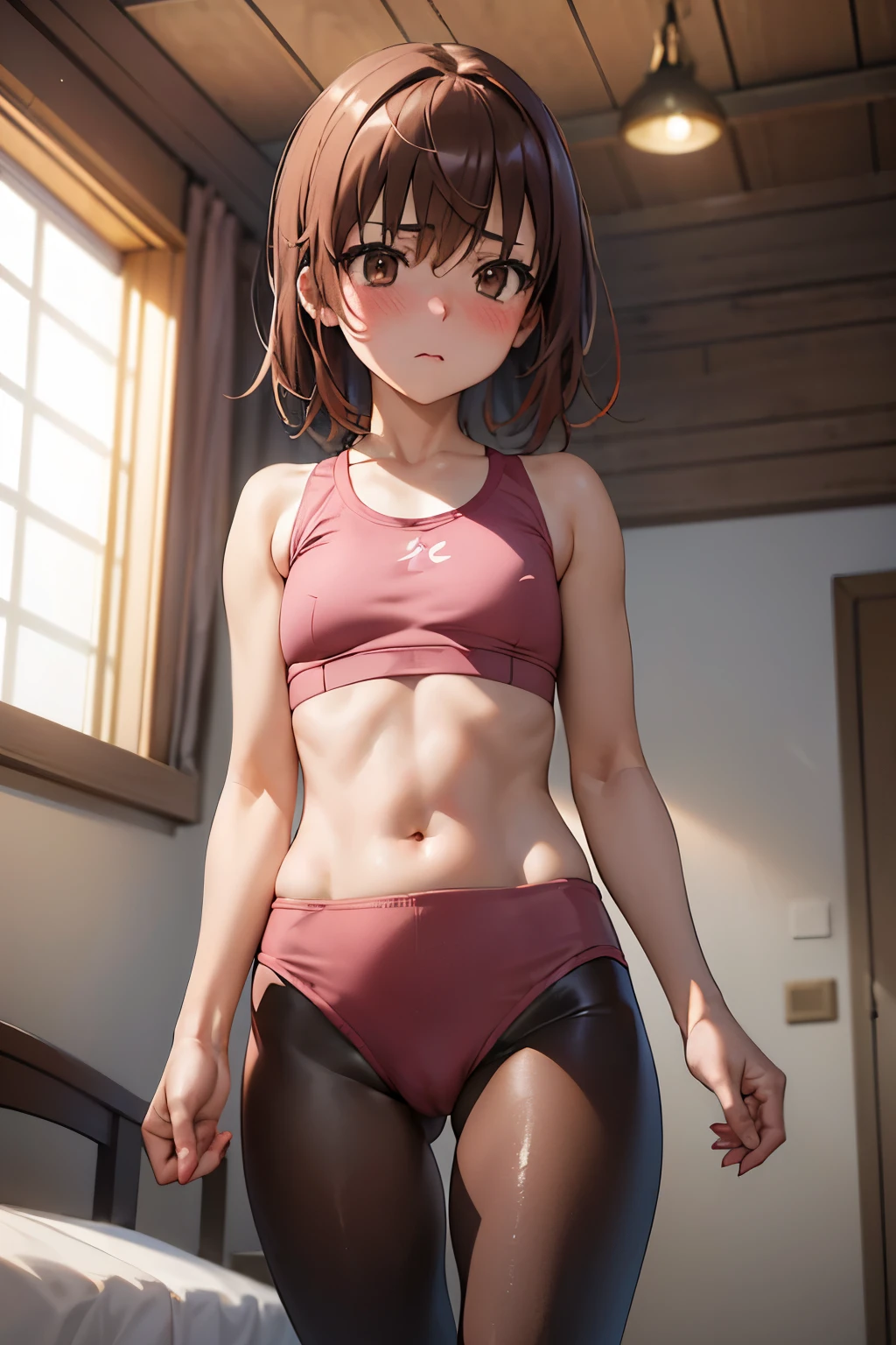 (Highest quality:1.1), (masterpiece:1.4), (Absurd:1.0),
One Girl, Mikoto Mikasa、Brown Hair、Medium chest、Looking at the audience、Bedroom、(blush:1.2)、Embarrassed expression、((Short leggings))、((Sports Bra))、(Thigh-high socks)、