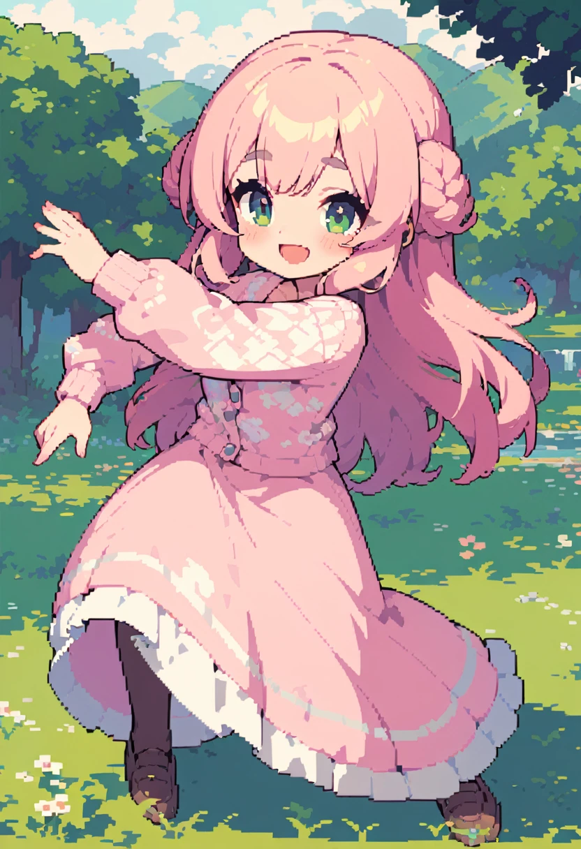 masterpiece, Highest quality, 8k, Pixel art, Pixel art, Vivid, woman, 若いwoman, smile, cute, Directed at an angle, Open your mouth, Fluffy hair, Long Hair, sheepの毛のような髪, Pink Hair, eyebrow, 太いeyebrow, one piece, Pink clothes, Long skirt, Spread your wings, cardigan, 水色のcardigan, shoes, 茶色いshoes, grassland, ((sheep, もこもこのsheep, 大きいsheep, sheepの背に女の子が乗っている)), sheepの群れ
