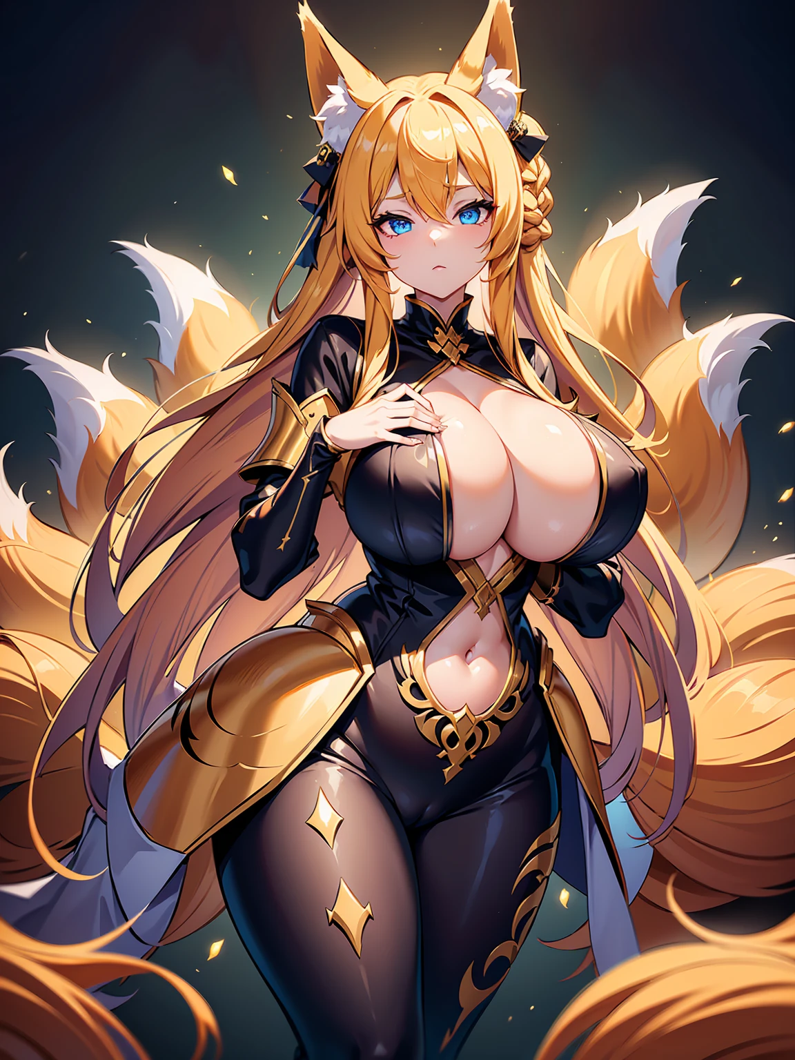 A drawing of a kitsunequeen with long blonde hairs that hide her ears, purpulish blue eyes, french braid, hime cut, animal ears,european face, fox ears,"long orange fox ears with black tips", covering ears, kemonomimi mode,tail emanating(9 tails fox),huge tits, large hips,fully clothed, all skin covered by golden armor, full medival golden armor, beautifull, beautifull hands,textured hands, bioluminescent, draw by WLOP