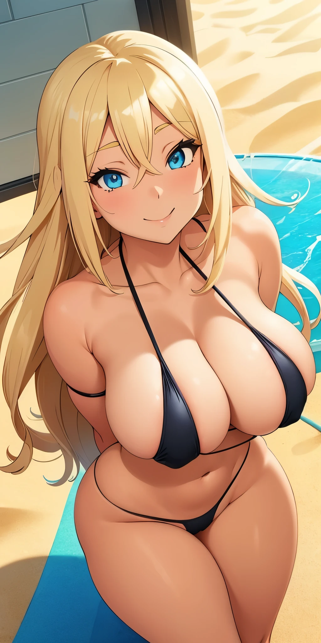Anime girl, blue eyes, blonder long hair, muy voluptuosa, , big breast, shy smile, wallpaper, sexy bikini swimsuit, black skin, sexy muscular, beach