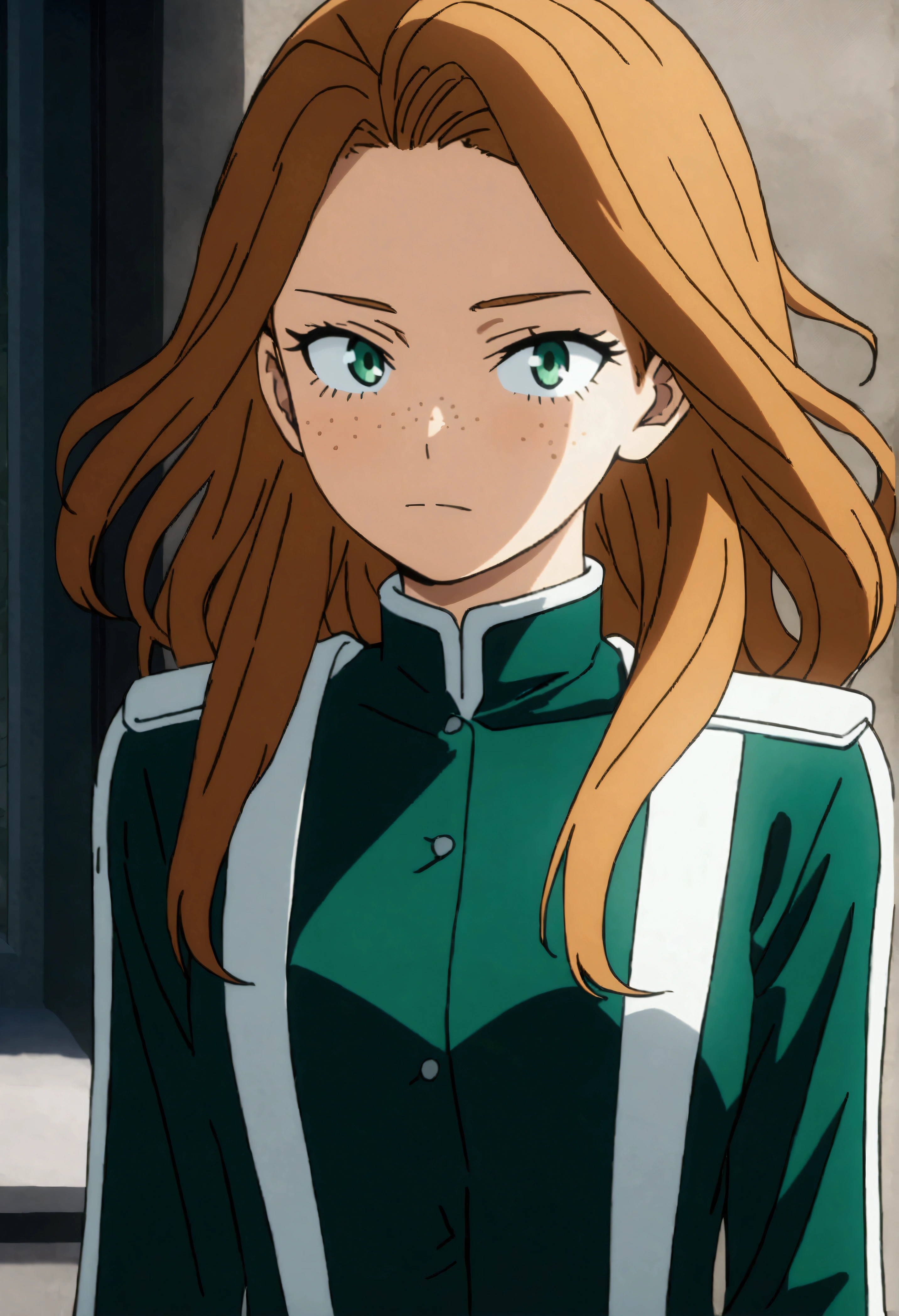 She is a 15 year old teenager, she has slightly disheveled long ginger hair, light brown eyes, with some freckles on the nose area  , fit body , anime art slyle my hero academy , , sexy face , she is dressed in the anime female uniform "my hero academia", , 8k, high quality, masterpiece, , cinematic, vivid colors, shining green eyes