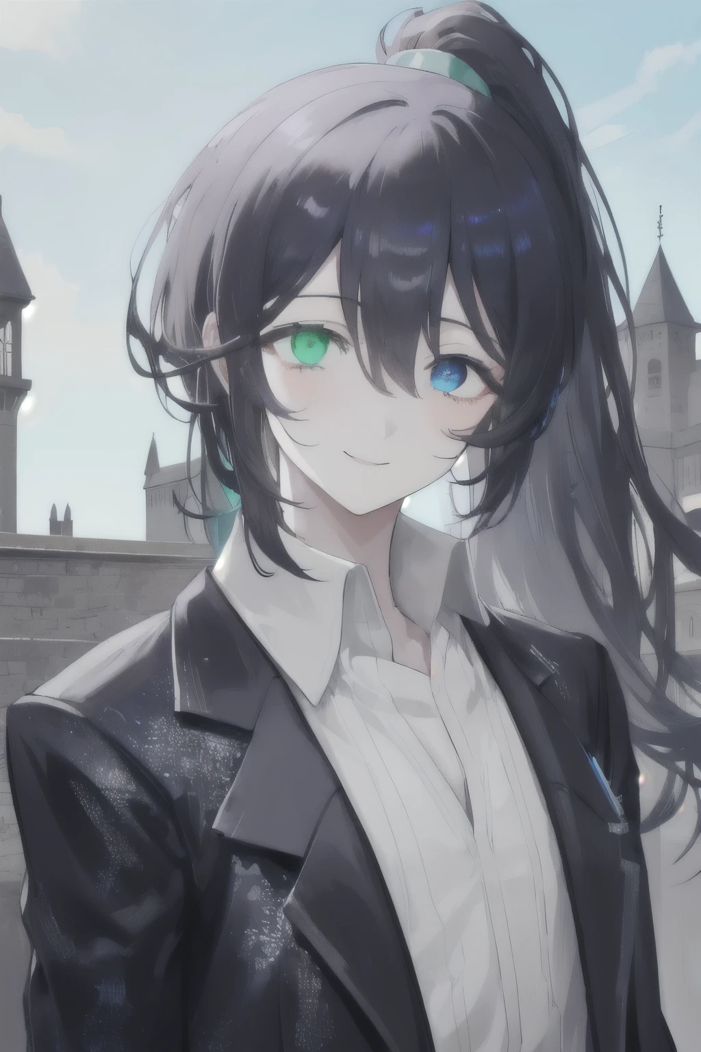 masterpiece, best quality, ultra high res, 16k, dramatic lighting, 1boy, male focus, solo, honglu, ponytail, grey eyes, heterochromia, casual clothing, black jacket, formal, smile, looking at viewer, arms at sides, castle background, bright blue sky, portrait shot, heterochromia, blue eye and green eye