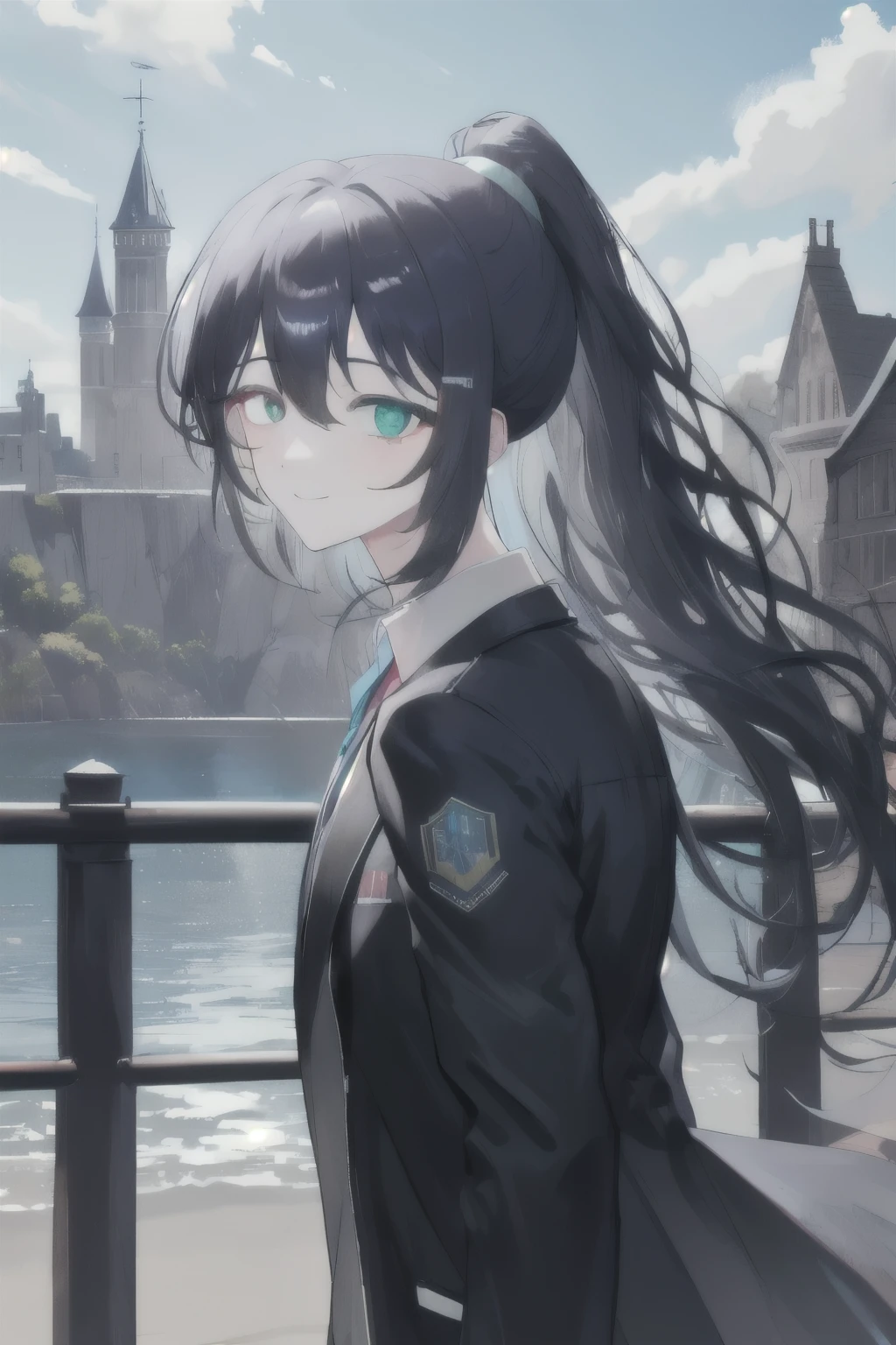 masterpiece, best quality, ultra high res, 16k, dramatic lighting, 1boy, male focus, solo, honglu, ponytail, grey eyes, heterochromia, casual clothing, black jacket, formal, smile, looking at viewer, arms at sides, castle background, bright blue sky, portrait shot, heterochromia, blue eye and green eye