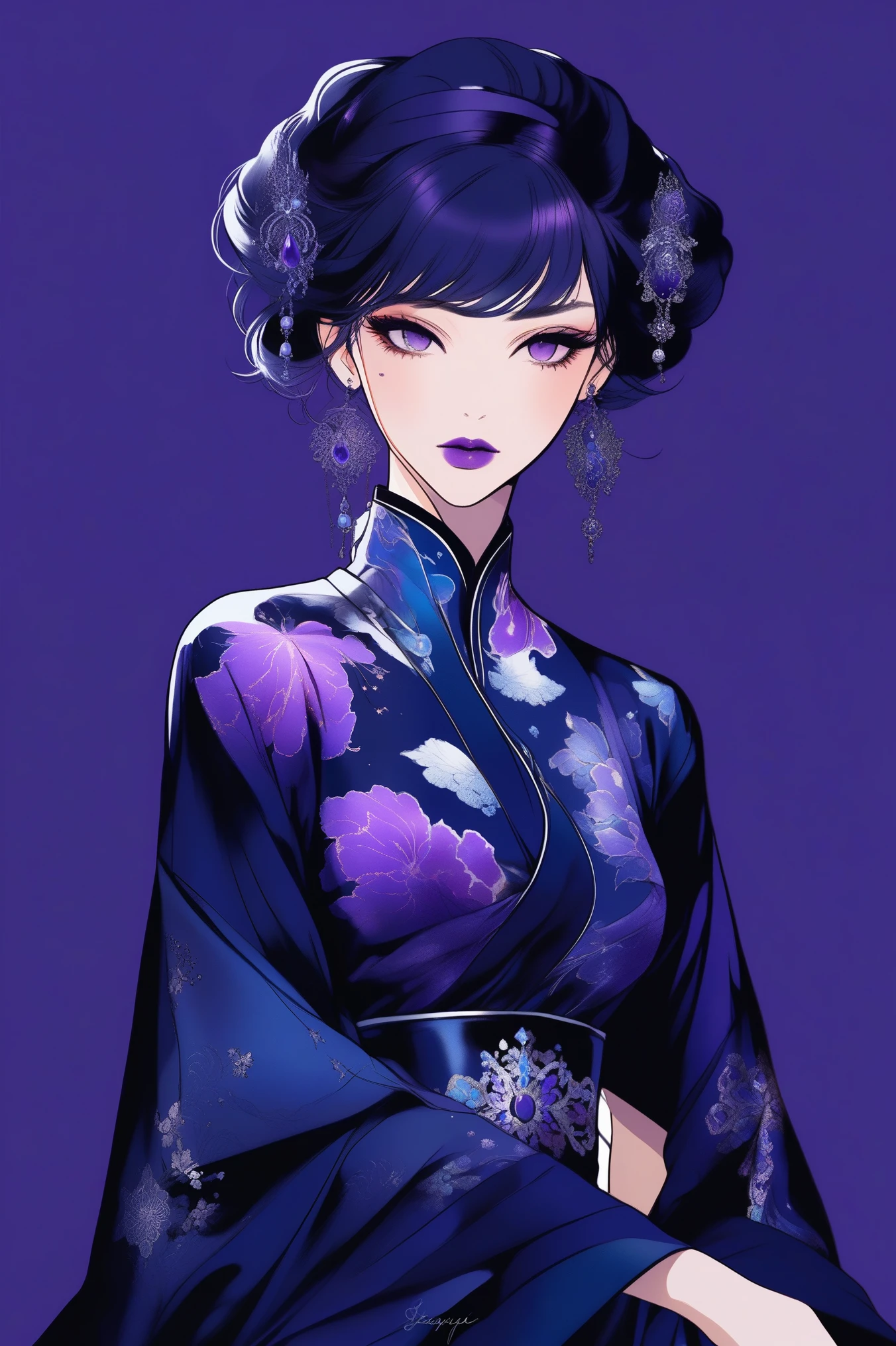 (Best quality, sketch:1.2),realistic,illustrator,anime,1 girl, detailed lips, kimono,custom, bad women, details, Black and toxic gradient background,neon hair,Textured trim, masterpiece, retro classic style, female mannequin close up, Sexy dress, silk dress, mercury dress, Astral dress, beautiful silky dress, Sexy dress, dark dress, Dark purple clothing, revealing stylish dress, dark Astral dress, soft silk dress, elegant navy blue dress, stylish dark dress, airbrush dark dress, fantasy dress, Baroque dress, extravagant dress