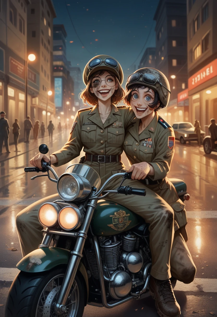 women, military cruiser motorcycle, big chest, motorcycle glasses, happy, big smile, dirty, city on fire at night, apocalipsis zombie, military uniform, Speeding, Very detailed, Perfect eyes, well defined eyes, Very detailed eyes, expressive eyes military war