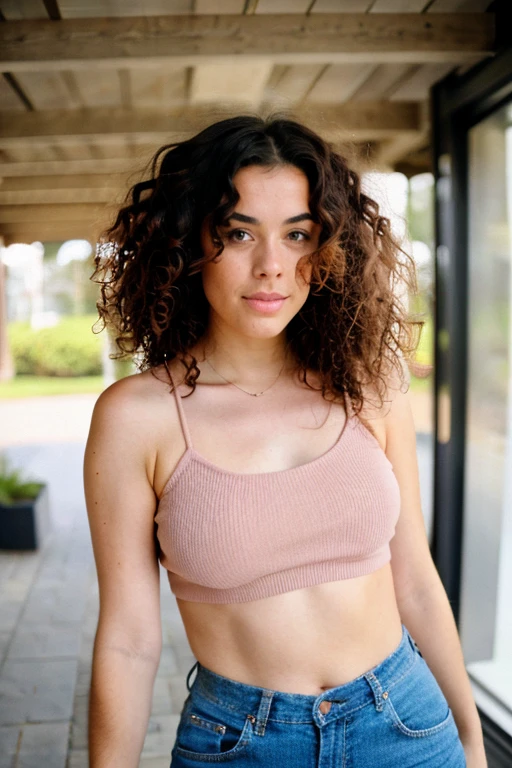 brunette with curly hair height 1.65 .She's at the gym training, hair tied up, she's wearing a JBL Bluetooth headset, she's running on the treadmill