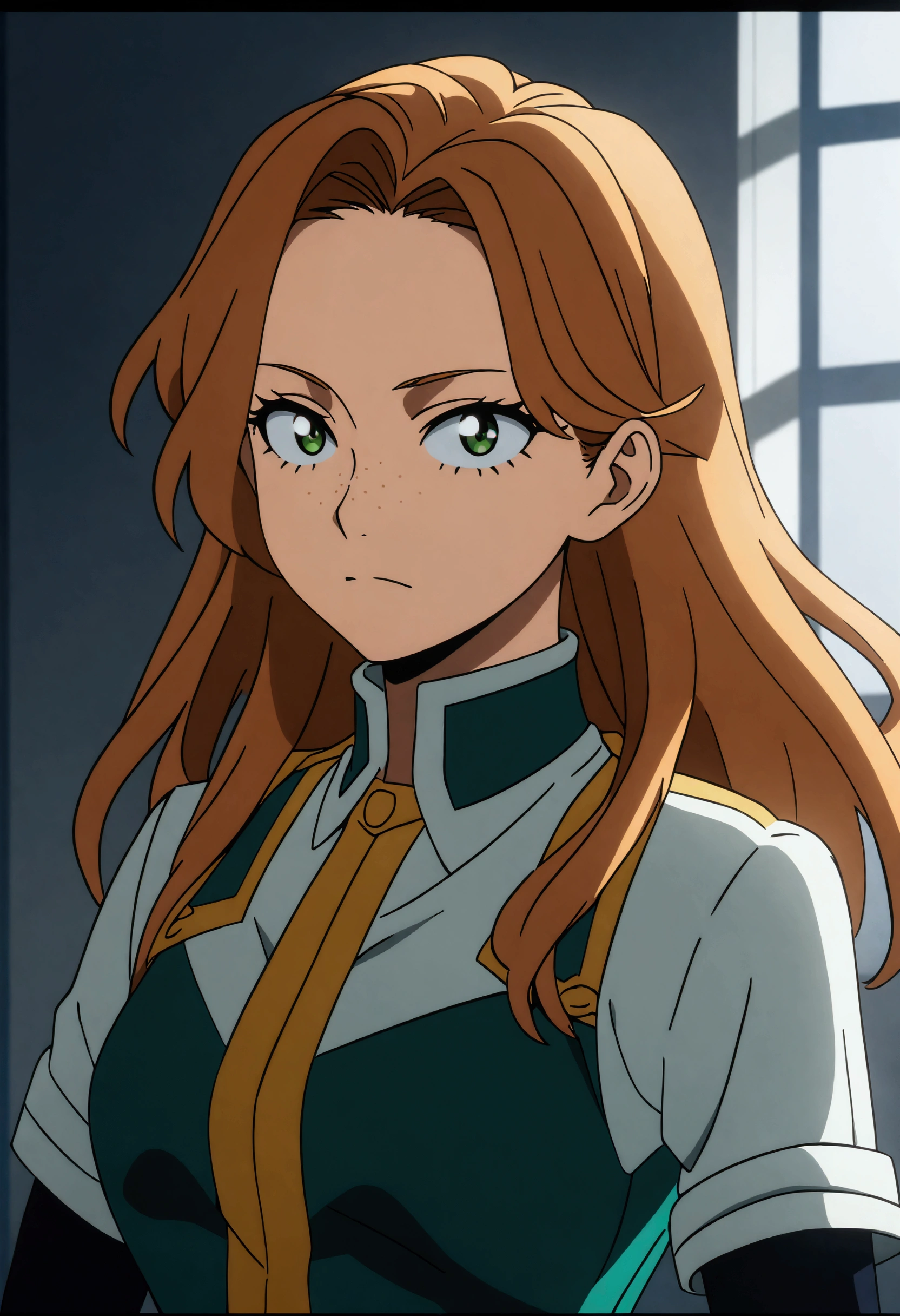 She is a 15 year old teenager, she has slightly disheveled long ginger hair, light brown eyes, with some freckles on the nose area  , fit body , anime art slyle my hero academy , , sexy face , she is dressed in the anime female uniform "my hero academia", , 8k, high quality, masterpiece, , cinematic, vivid colors, shining green eyes