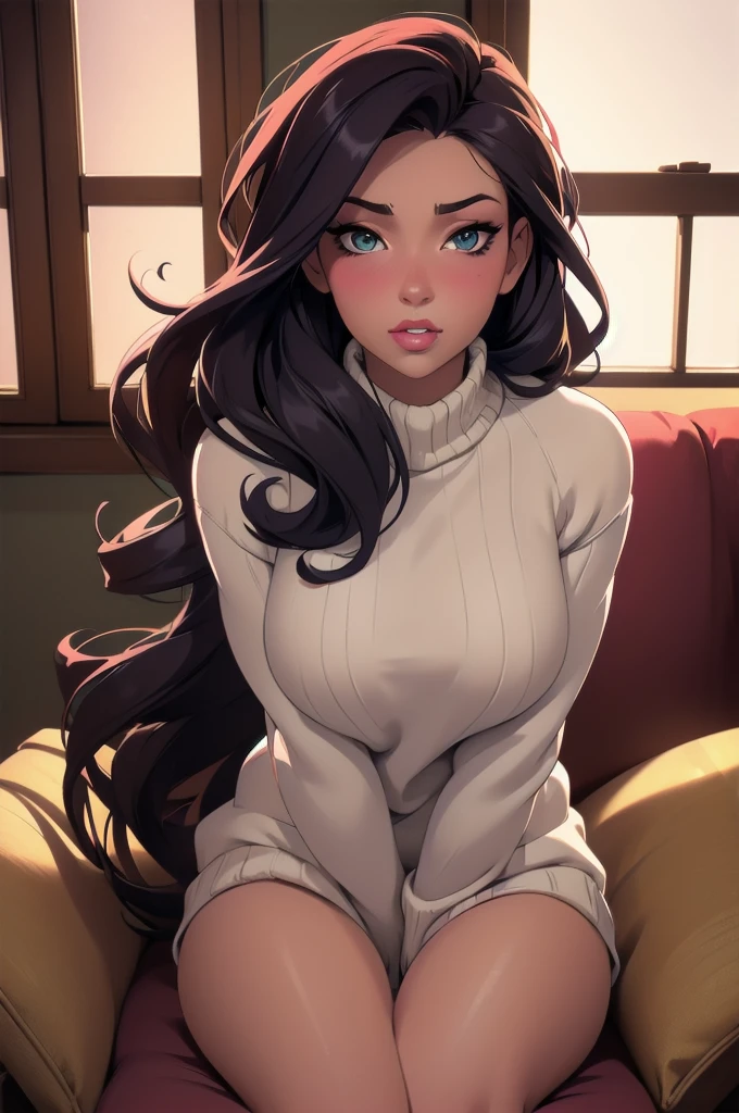 Sexy woman, perfect hair, amazing makeup, seductive gaze, blushing intensely, ready to kiss, long oversized sweater, sitting comfortably on couch, window, natural light beaming through window, beautiful face, seductively gazing at us, very seductively provocative