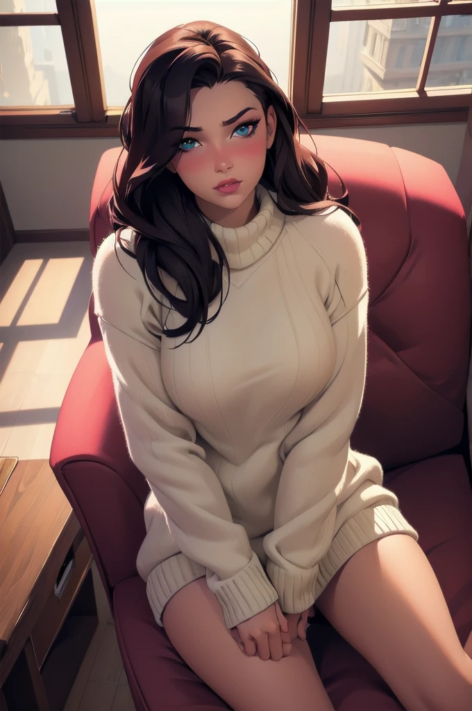 Sexy woman, perfect hair, amazing makeup, seductive gaze, blushing intensely, ready to kiss, long oversized sweater, sitting comfortably on couch, window, natural light beaming through window, beautiful face, seductively gazing at us, very seductively provocative