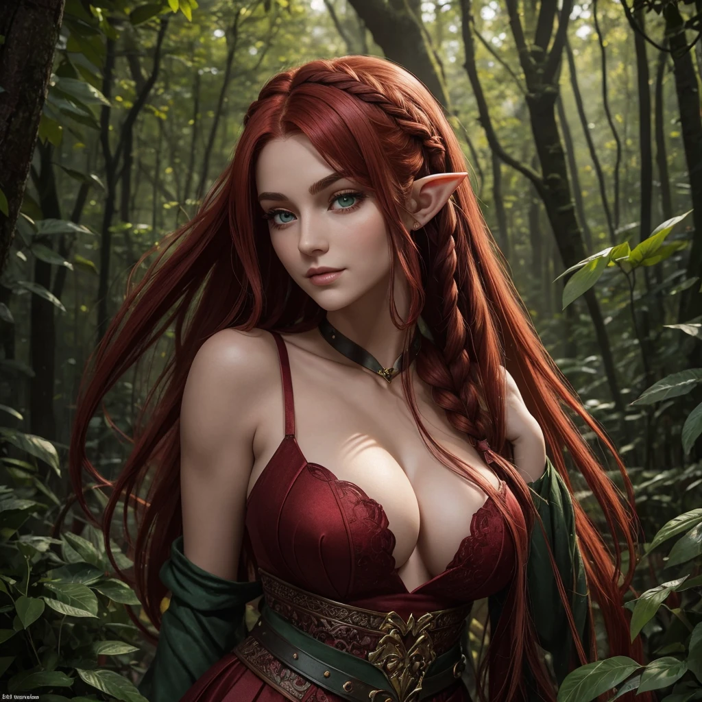 Create a highly detailed image of Elaria Nightshade, a beautiful female elf from the woods. She stands at 1.55 meters (5'1") with a voluptuous and delicate build, featuring a narrow waist, wide hips, and a generous bust. Her skin is pale, like marble, smooth and flawless, with an ethereal glow. Elaria has long, straight, intense red hair cascading to the middle of her back, shiny and silky, often worn loose or intricately braided. Her face is oval-shaped with high, well-defined cheekbones, and her striking facial features include large, almond-shaped emerald green eyes with a bright, intense, and mysterious glint. Her fine, slightly arched eyebrows are a darker shade of red than her hair, framing her eyes perfectly. She has a small, straight nose, full, naturally rosy lips with a velvet-like texture, often curved in an enigmatic smile. Her slightly pointed ears, typical of elves, are usually hidden beneath her hair.
Create a highly detailed image of Elaria Nightshade, a beautiful female elf from the woods. She stands at 1.55 meters (5'1") with a voluptuous and delicate build, featuring a narrow waist, wide hips, and a generous bust. Her skin is pale, like marble, smooth and flawless, with an ethereal glow. Elaria has long, straight, intense red hair cascading to the middle of her back, shiny and silky, often worn loose or intricately braided. Her face is oval-shaped with high, well-defined cheekbones, and her striking facial features include large, almond-shaped emerald green eyes with a bright, intense, and mysterious glint. Her fine, slightly arched eyebrows are a darker shade of red than her hair, framing her eyes perfectly. She has a small, straight nose, full, naturally rosy lips with a velvet-like texture, often curved in an enigmatic smile. Her slightly pointed ears, typical of elves, are usually hidden beneath her hair.