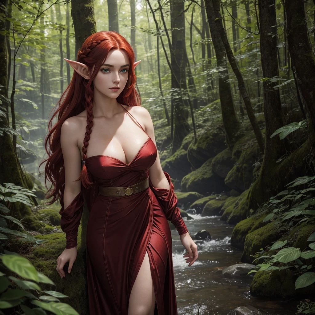 Create a highly detailed image of Elaria Nightshade, a beautiful female elf from the woods. She stands at 1.55 meters (5'1") with a voluptuous and delicate build, featuring a narrow waist, wide hips, and a generous bust. Her skin is pale, like marble, smooth and flawless, with an ethereal glow. Elaria has long, straight, intense red hair cascading to the middle of her back, shiny and silky, often worn loose or intricately braided. Her face is oval-shaped with high, well-defined cheekbones, and her striking facial features include large, almond-shaped emerald green eyes with a bright, intense, and mysterious glint. Her fine, slightly arched eyebrows are a darker shade of red than her hair, framing her eyes perfectly. She has a small, straight nose, full, naturally rosy lips with a velvet-like texture, often curved in an enigmatic smile. Her slightly pointed ears, typical of elves, are usually hidden beneath her hair.
Create a highly detailed image of Elaria Nightshade, a beautiful female elf from the woods. She stands at 1.55 meters (5'1") with a voluptuous and delicate build, featuring a narrow waist, wide hips, and a generous bust. Her skin is pale, like marble, smooth and flawless, with an ethereal glow. Elaria has long, straight, intense red hair cascading to the middle of her back, shiny and silky, often worn loose or intricately braided. Her face is oval-shaped with high, well-defined cheekbones, and her striking facial features include large, almond-shaped emerald green eyes with a bright, intense, and mysterious glint. Her fine, slightly arched eyebrows are a darker shade of red than her hair, framing her eyes perfectly. She has a small, straight nose, full, naturally rosy lips with a velvet-like texture, often curved in an enigmatic smile. Her slightly pointed ears, typical of elves, are usually hidden beneath her hair.