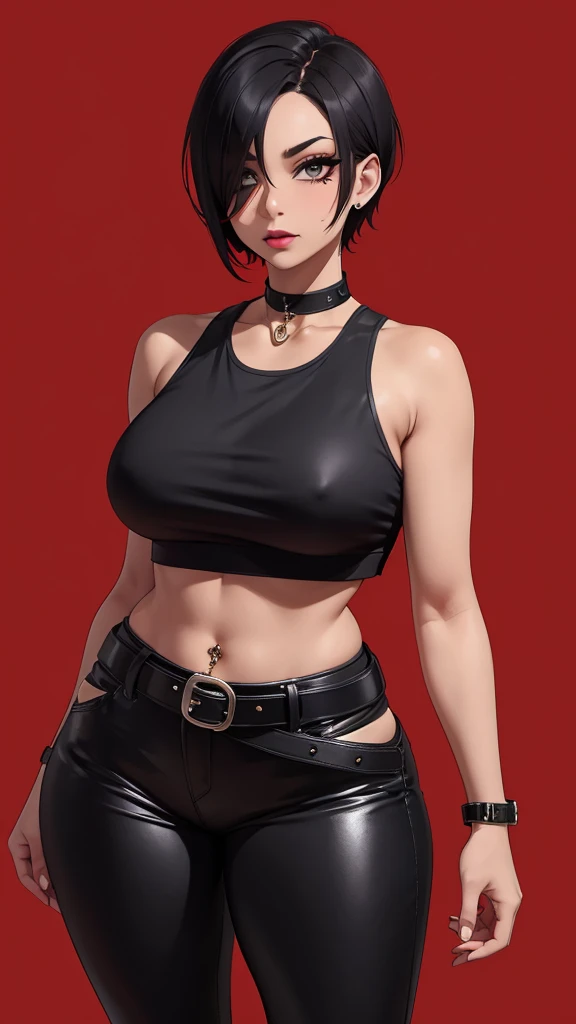 1girl, red background, standing upright, one hand on hip, straight face, toothpick in mouth, 3/4 view, short hair, dark skin, black hair, hair over eyes, eyes not visible, black lipstick, mole near mouth, emo aesthetic and accessories, black crop-top tank-top, black puffer jacket drooping below shoulders, black choker, large breasts, big ass, thick, curvy, wide hips, pear shaped figure, navel piercing, emo belt, tight leather pants, upper body view