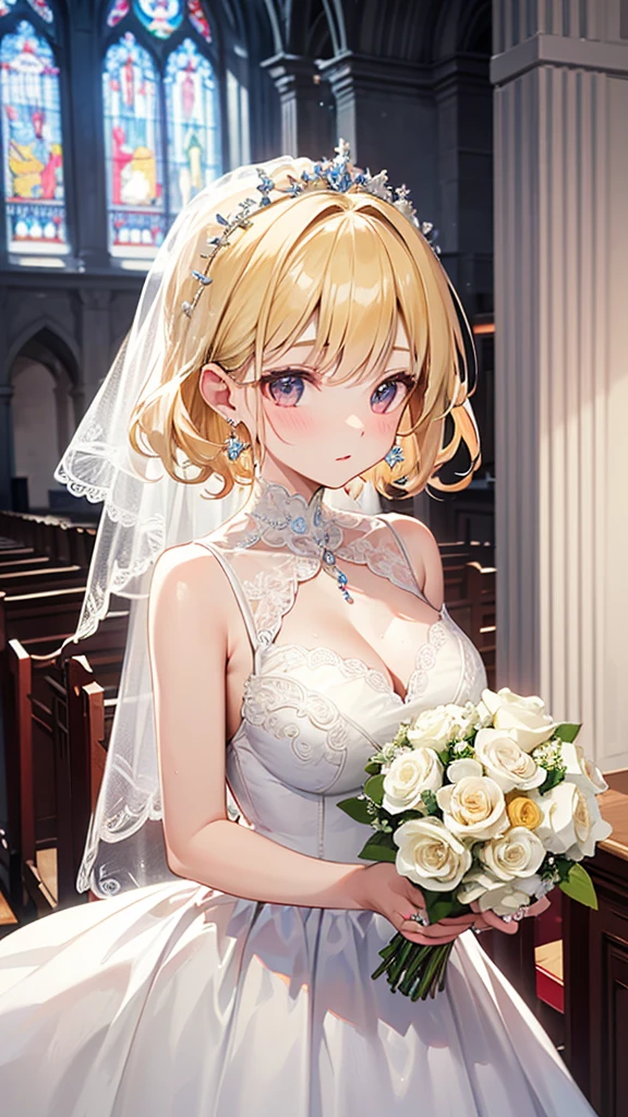 ((best quality)), ((masterpiece)), (detailed), perfect face, (best quality), (detailed skin:1.3), (intricate details), curly hair, Wedding, wedding dress, expression of joy, holding a bouquet in both hands, pure white dress, blonde hair, earrings, engagement ring, church