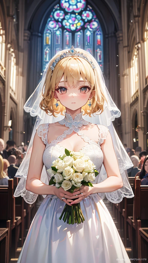 ((best quality)), ((masterpiece)), (detailed), perfect face, (best quality), (detailed skin:1.3), (intricate details), curly hair, Wedding, wedding dress, expression of joy, holding a bouquet in both hands, pure white dress, blonde hair, earrings, engagement ring, church