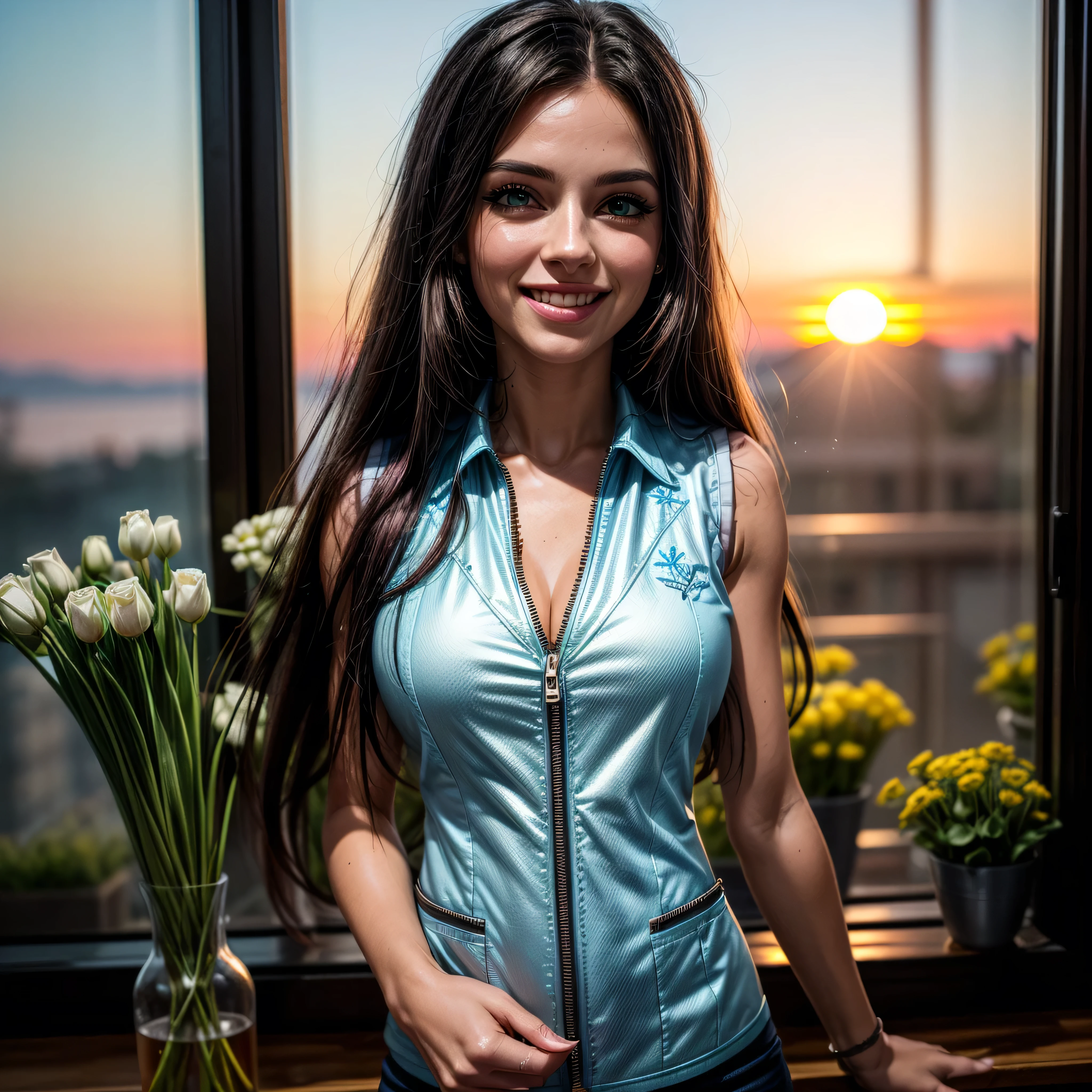 (masterpiece, photorealistic:1.4, extremely intricate:1.3), (photon mapping, radiosity, physically based rendering, ultra resolution, hyper-realistic, photorealistic:1.4, hyper-realistic, 8K), ((solo 1girl, ((closeup breasts, [medium breasts:large breasts:0.3], closeup portrait, (dimples, 18years, light blue embroidery vest, unzipped unbuttoned)), long straight [darkblack hair:pink hair:0.6]), [makeup:natural:0.6], long eyelashes, thick lashes), green eyes), smile, laugh, BREAK, (she is at the front dest in a flower shop, indoor, flowers, ((sunrise)) glass front window)