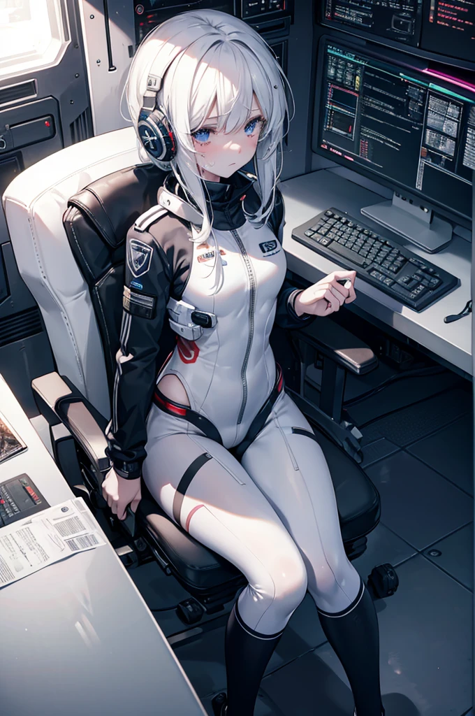 white skin, sad tears, sweat, android, operator suit, cockpit, perfect anatomy, cg, girl, solo, teenage, chair