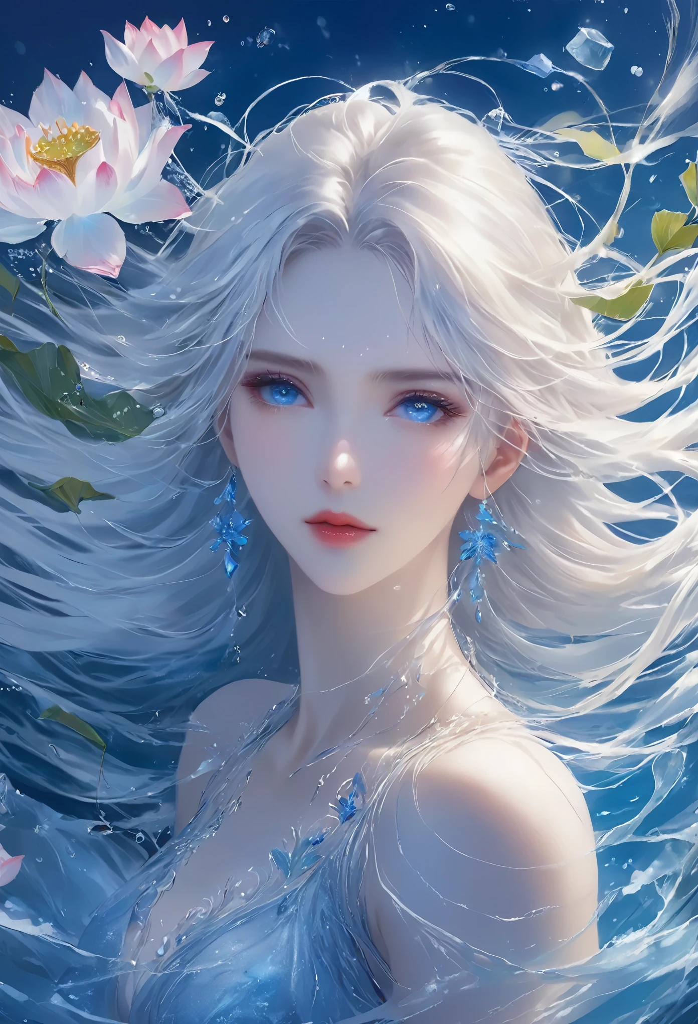 Seven part photos, masterpiece, best quality, Official Art, Extremely detailed CG 8k wallpaper,(Flying petals)(Detailed ice) , water晶质感皮肤, Cold expression, White hair, Long hair, Messy hair, blue eyes, Looking at the audience, Extremely refined, water, ((Beautiful and delicate eyes)), Very detailed, light,((Pretty Face),fine water surface, (Original figure painting), Very detailedSeven part photos, masterpiece, best quality, Official Art, Extremely detailed CG 8k wallpaper,(Flying petals)(Detailed ice) , water晶质感皮肤, Cold expression, White hair, Long hair, Messy hair, blue eyes, Looking at the audience, Extremely refined, water, ((Beautiful and delicate eyes)), Very detailed, light,((Pretty Face),fine water surface, (Original figure painting), Very detailed, Very detailed, (Extremely refined), Beautiful and delicate eyes,